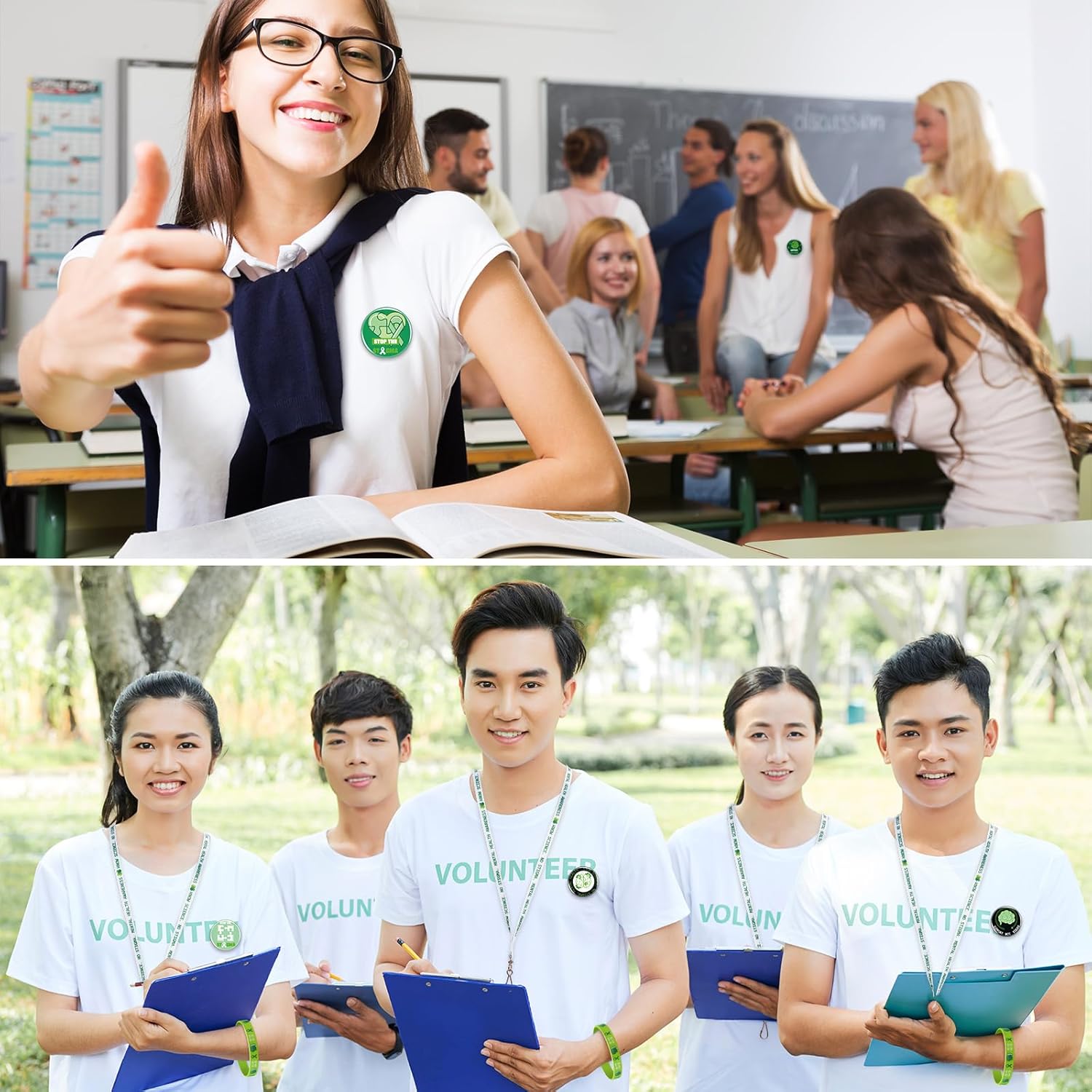 Hollowfly 200 Pcs Mental Health Awareness Items Bulk Green Ribbon Button Pins Stress Football Keychain Stickers Pencils Lanyards Temporary Sticker Wristband Mental Health Gift for Charity Welfare