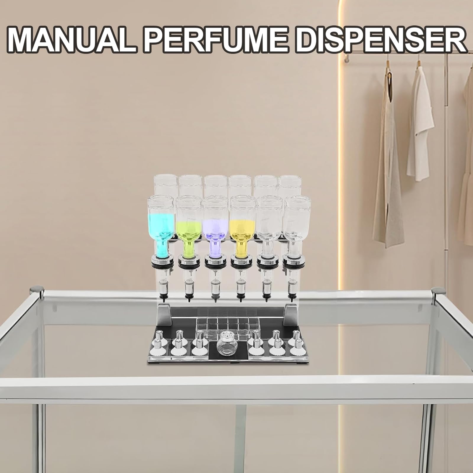 Ręczna stacja dozująca perfumy, pojemność 12 butelek z głowicami pompy i kubkami testowymi, pompki dozujące 200 ml, idealna do sklepu, studia, salonu i baru