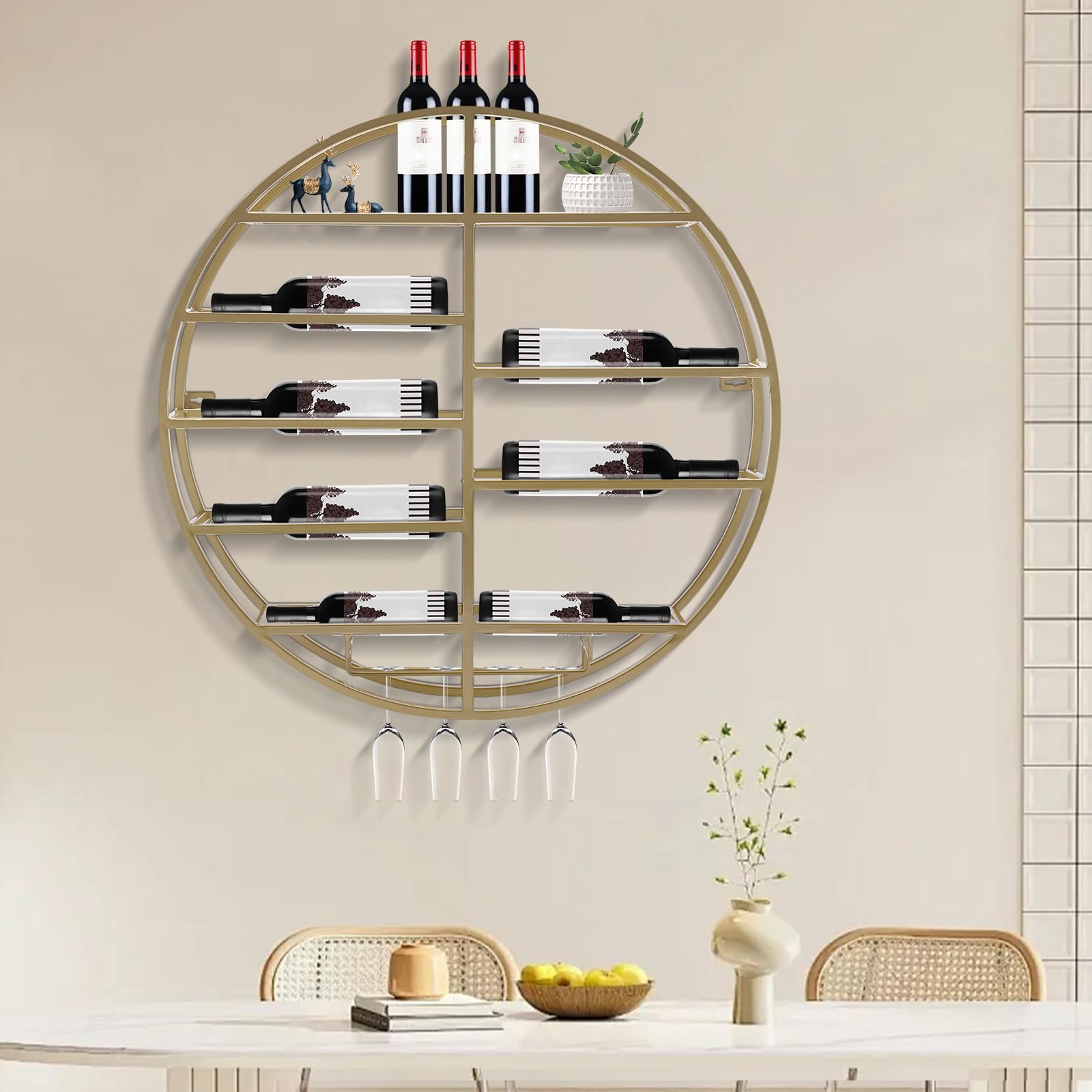LEYSRIS Wall Mounted Wine Rack with Glass Holder, Gold Metal Bottle Holder Round Wine Storage Display Rack for Restaurants Bar Dining Room Kitchen