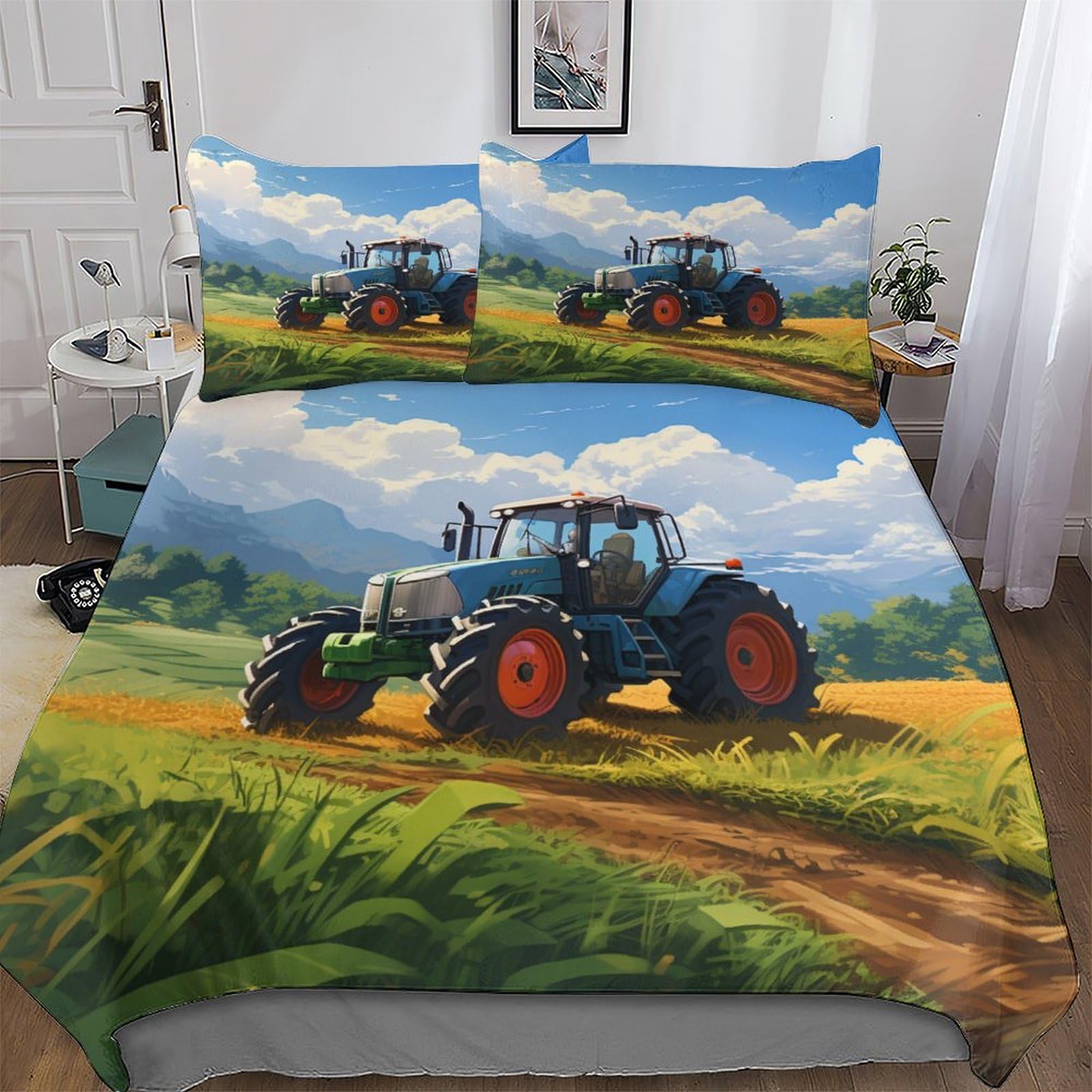 PAZZK Tractor Quilt Cover Super-Soft Bedding Set Polycotton Comforter Cover Comfortable & Durable Printed Duvet Cover Sets with Pillowcases for Adults Teenager Kids Double (200x200cm)