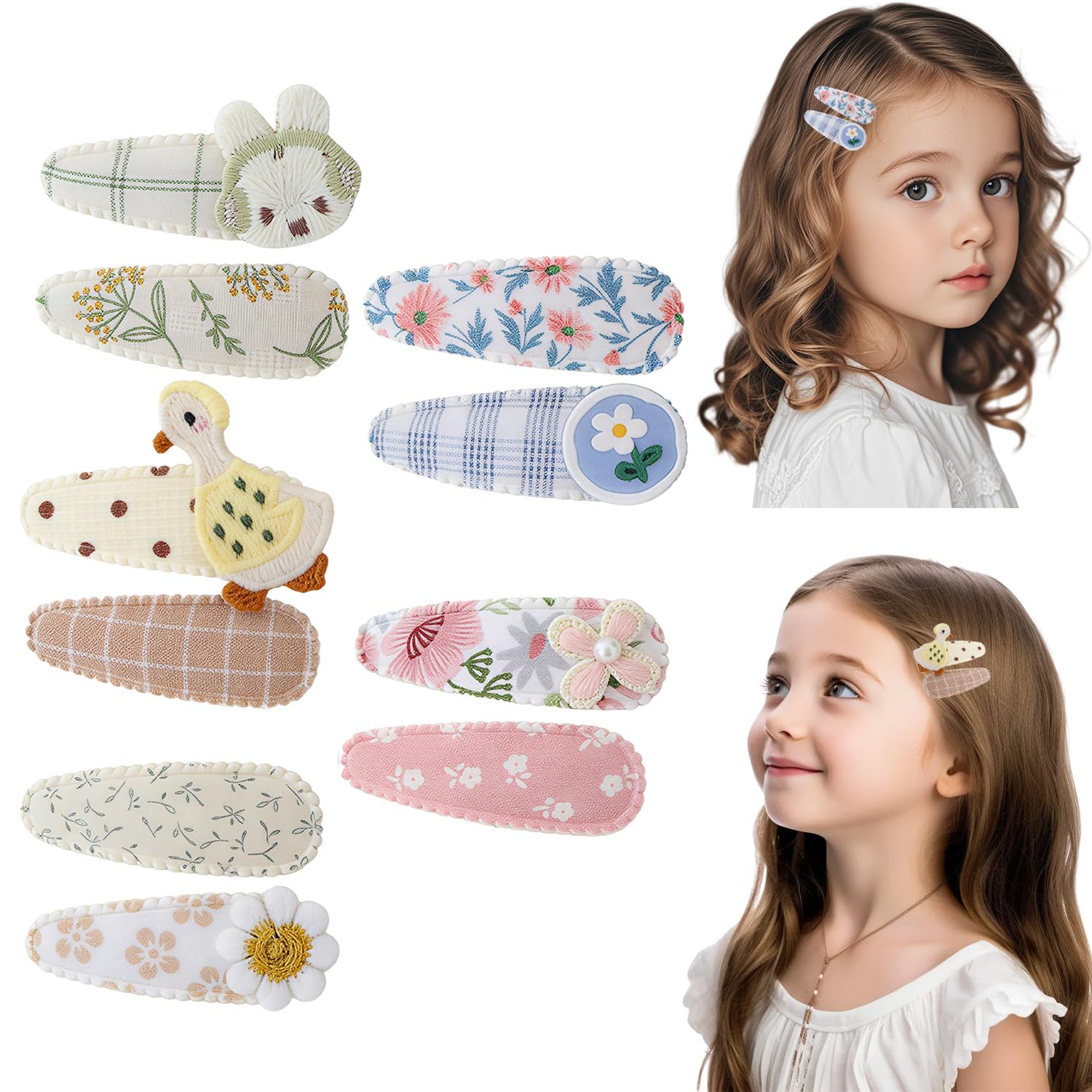 Baby Hair Clips, 10Pack for Girls Toddler, Fabric Snap Clips Pins With Embroidery Daisy Flower, Baby Girl Hair Clips, Handmade Hair Accessories Barrettes for School Age Kids Children Gifts