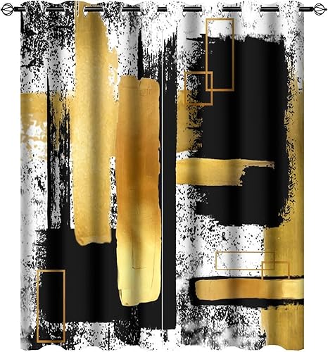 Kazynee Cortinas opacas geométricas abstractas modernas para dormitorio, color negro, blanco, dorado, pintura al óleo, con ojales, aislamiento
