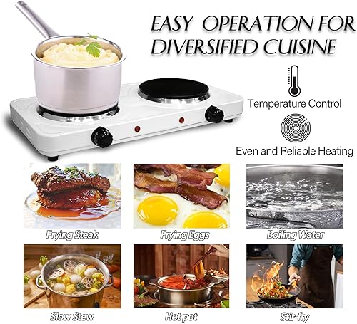 Miniatura 2 de VNIMTI Quemador de encimera eléctrico de 2000 W placa de cocción doble de acero inoxidable quemador plano de hierro fundido para dormitorio oficina