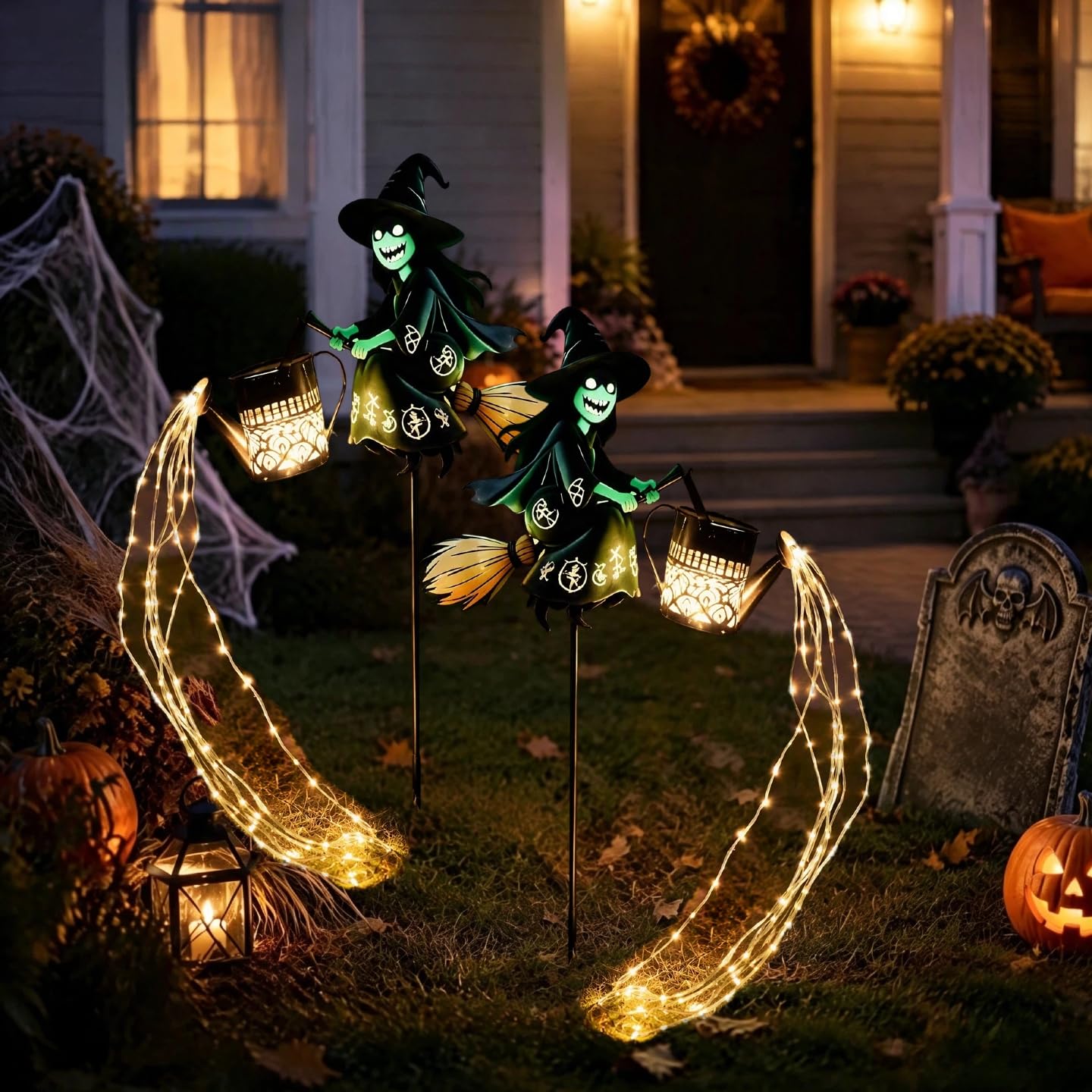 Luce LED da giardino: Calderone della Strega Halloween | Lampada cascata multicolore con ritagli e ombre; effetto prato/patio, ingresso, passerella