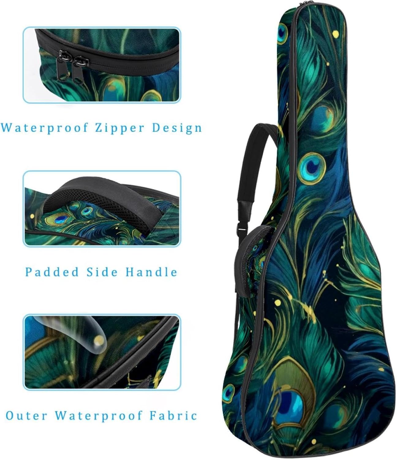 Acoustic Guitar Gig Bag 1 cm Thick Padding, Waterproof Electric Guitar Bag 40-42 Inch Guitar Case Backpack with Dual Shoulder Strap, Aesthetic Peacock Feathers Seamless Pattern