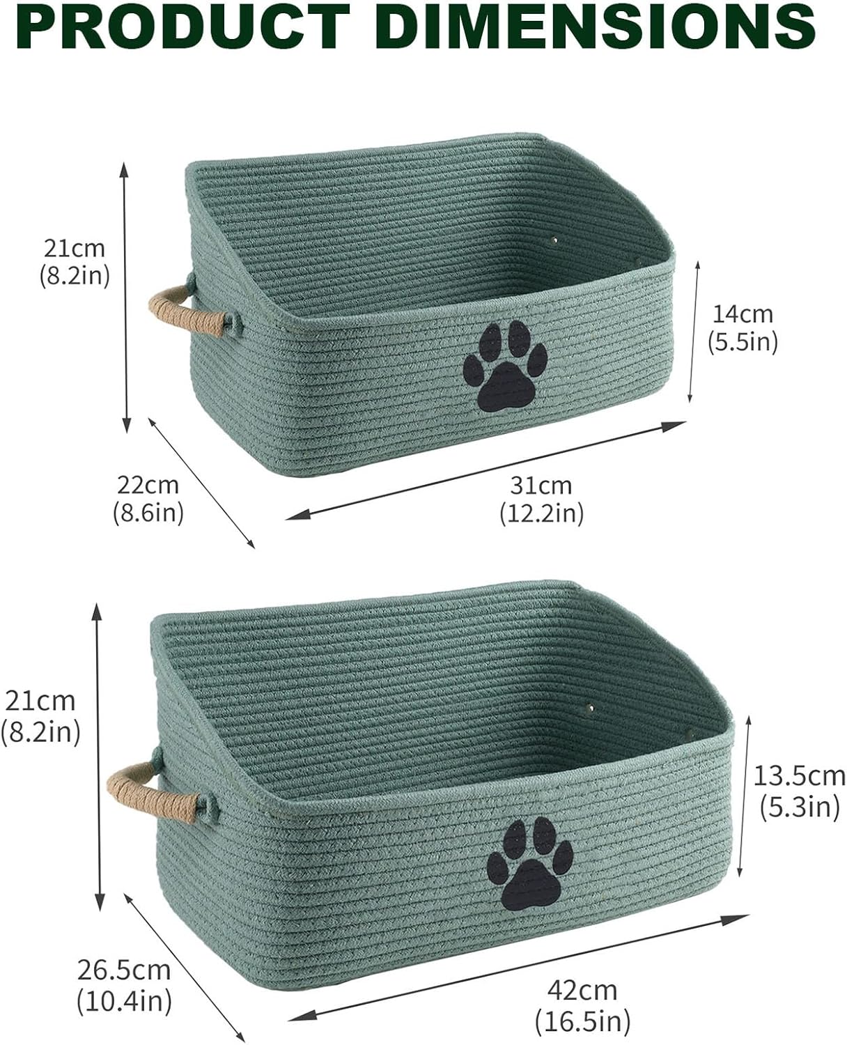 2 pack Woven Dog Toys Basket, 100% Cotton Rope Dog Toy Box for Living Room Area, Trapezoid Pet Toys Bin with Sturdy Handle, Puppy Bed, Green Baskets for Pet Toys/Collar/Leash/Blanket
