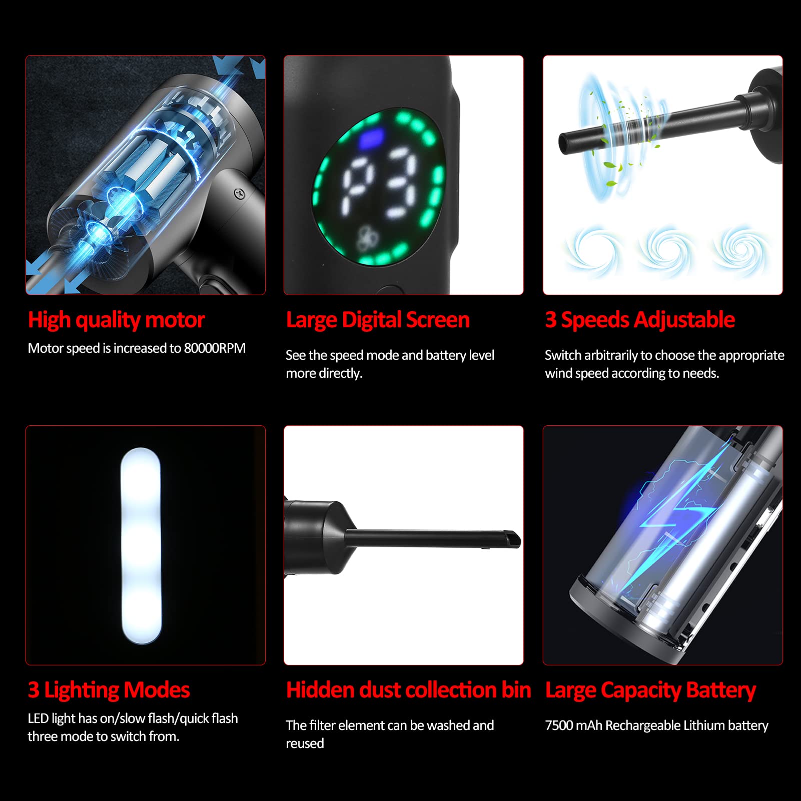 Limpiador de aire comprimido con motor de cepillo de pantalla digital, 100 W, 7500 mAh, limpiador de aire eléctrico, plumero de aire eléctrico, repuesto de lata de aire, plumero de