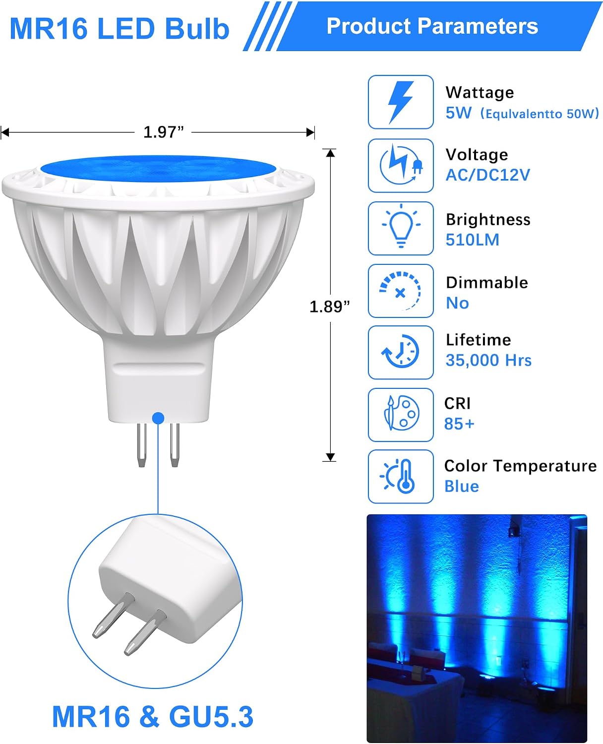 6-Pack MR16 Blue LED Bulbs-Aquatic 5W 50W Halogen GU5.3 12V 38° Spot for Water Features, Moonlight, Parties & Indoor Ambiance image 2