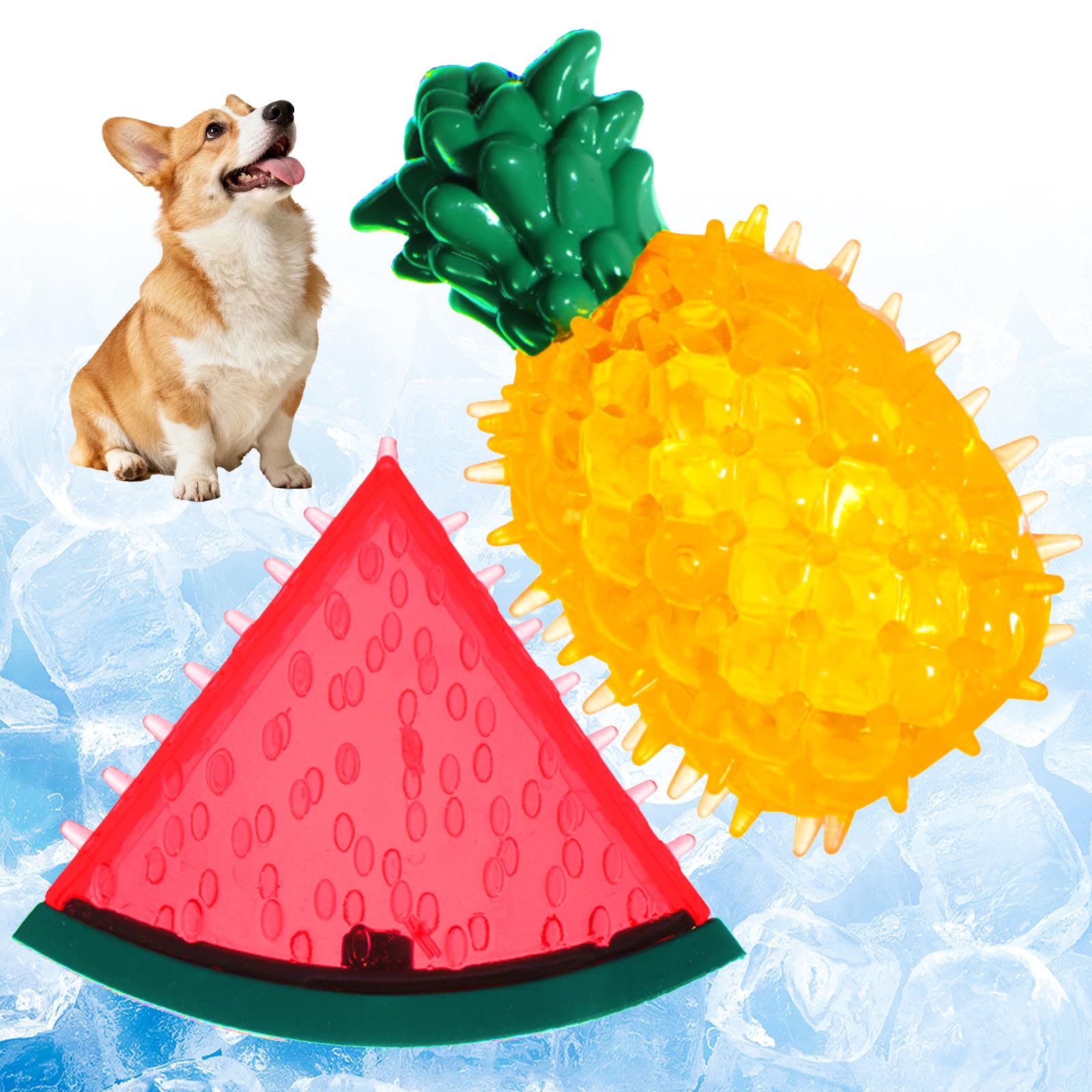 Risecore 2 Pack Pet Cooling ChewToys,Watermelon and Pineapple Freezable TeethingToy for Puppies for Teeth Cleaning, Reusable Puppy FrozenToys Treat Training Tools