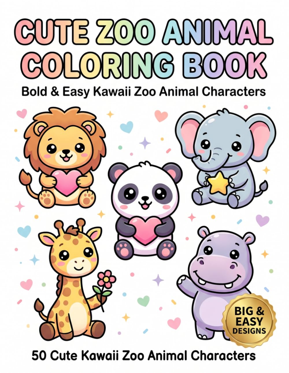 Cute Zoo Animal Coloring Book: Bold & Easy Kawaii Zoo Animal Characters