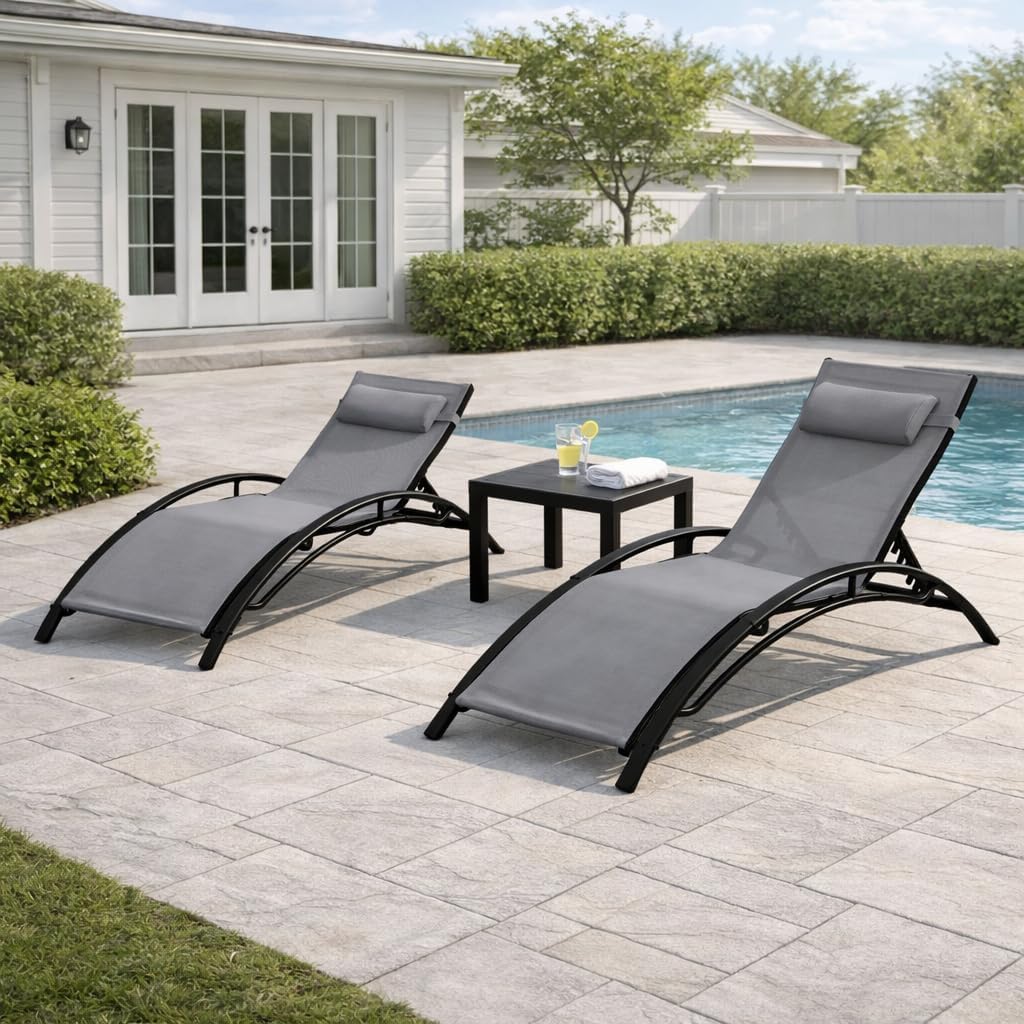 EROMMY Outdoor Chaise Lounge Set of 3, Reclining Patio Chairs with Side Table, Poolside Tanning Chairs with Armrests and Headrest, All-Weather Outdoor Furniture for Backyard, Deck, Gray