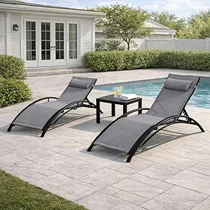 EROMMY Outdoor Chaise Lounge Set of 3, Reclining Patio Chairs with Side Table, Poolside Tanning Chairs with Armrests and Headrest, All-Weather Outdoor Furniture for Backyard, Deck, Gray