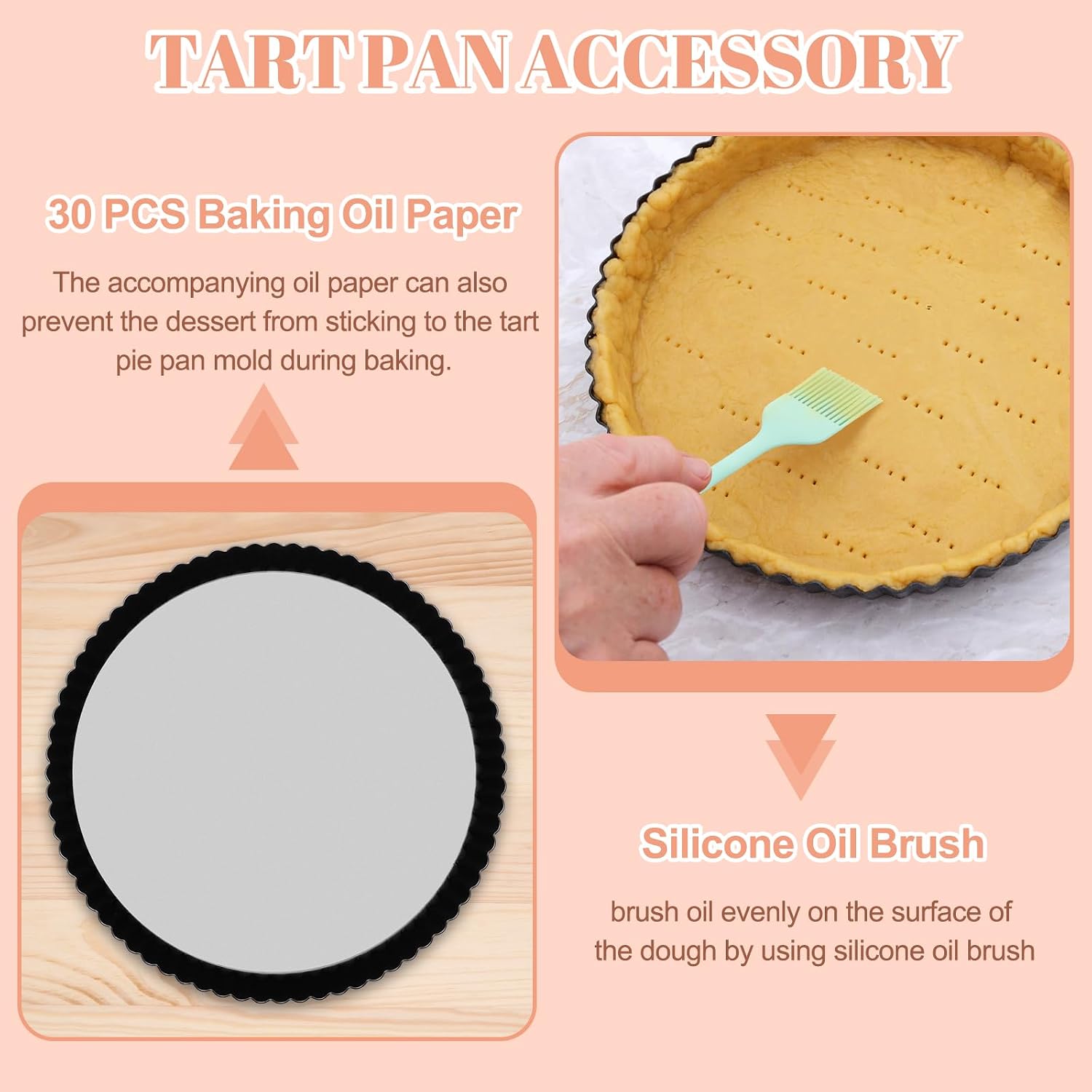 Windspeed 4+31 Pcs Tart Pan with Removable Bottom, 9 Inch 11 Inch 4 inch Round Tart Pan Carbon Steel Pie Mold with Non-Stick Coating Include 30P Baking Oil Paper 1 Oil Brush