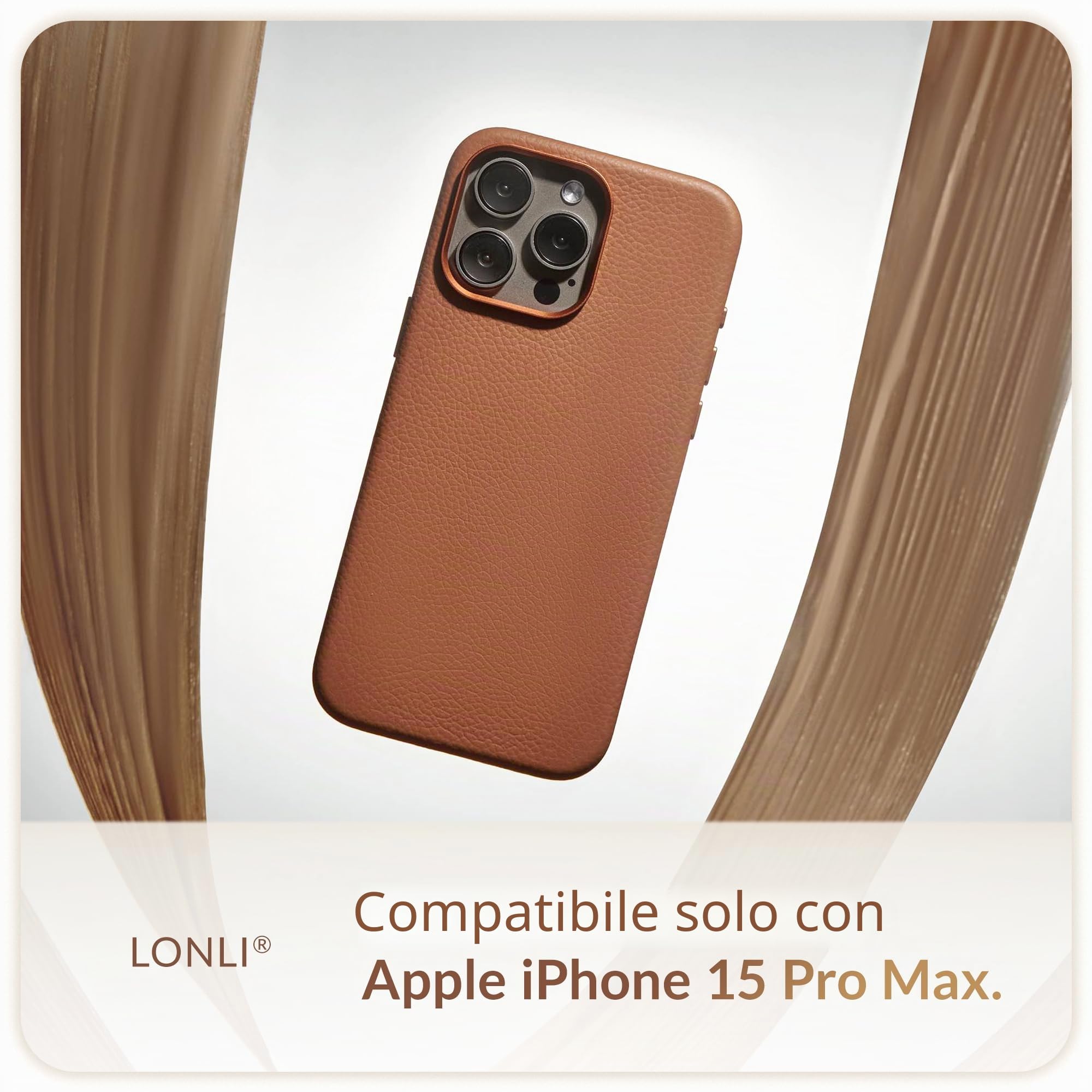 LONLI - per iPhone 15 Pro Max - Custodia europea in vera pelle Pebble con telaio in alluminio per fotocamera [compatibile con Magsafe] - Saddle