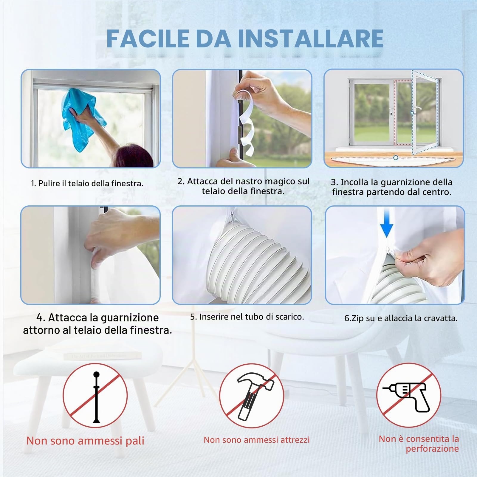 400 cm, per climatizzatori mobili, con chiusura lampo e chiusura adesiva, per lucernari e finestre a battente