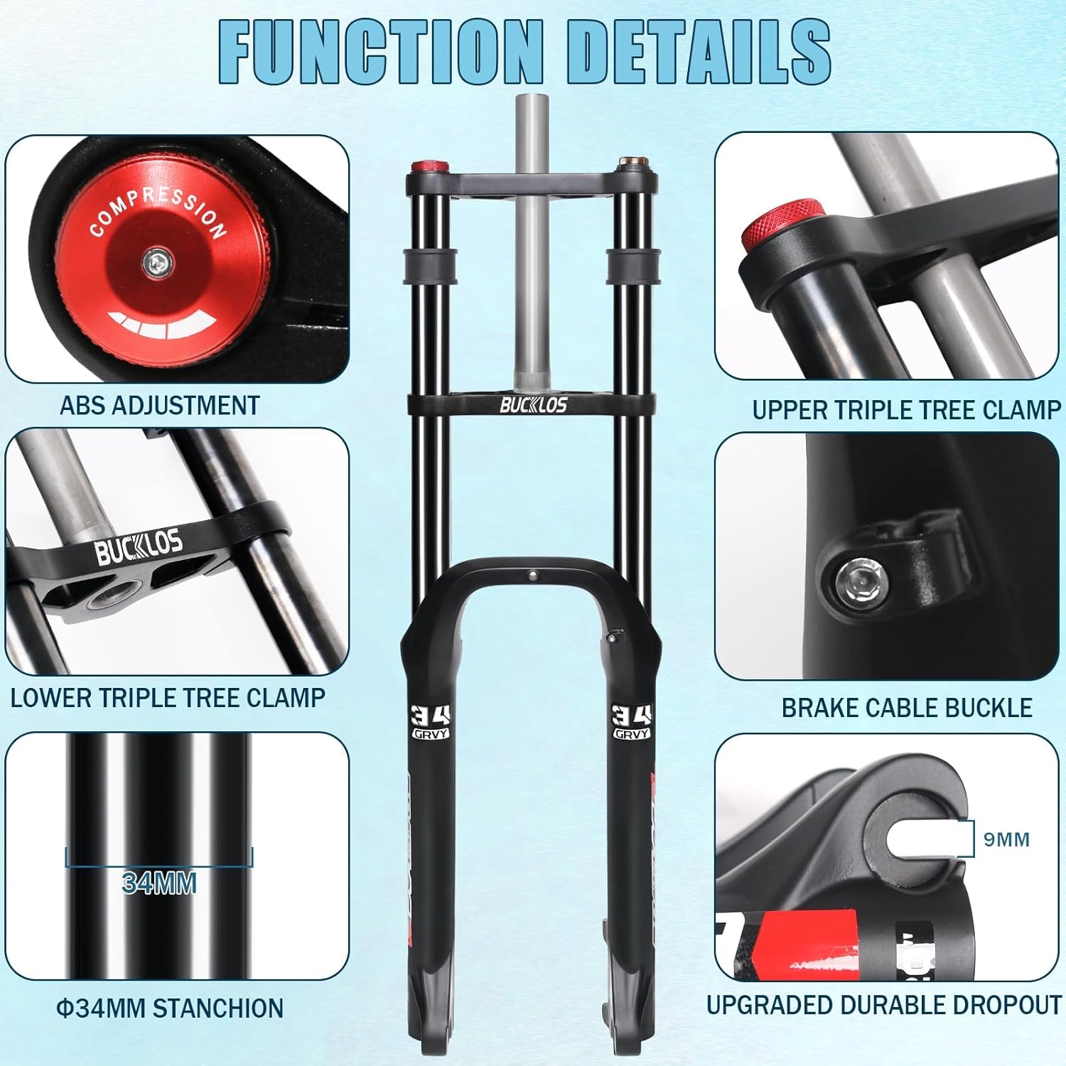 BUCKLOS 20/26 inch 4.0 Fat Tire Bike Suspension Fork, 180mm Travel 135mm Spacing Hub 9mm QR Ebike Oil MTB Fat Fork, Double Crown 1-1/8 Straight Electric Bicycle Front Fork, Snow Beach Mountain Bike