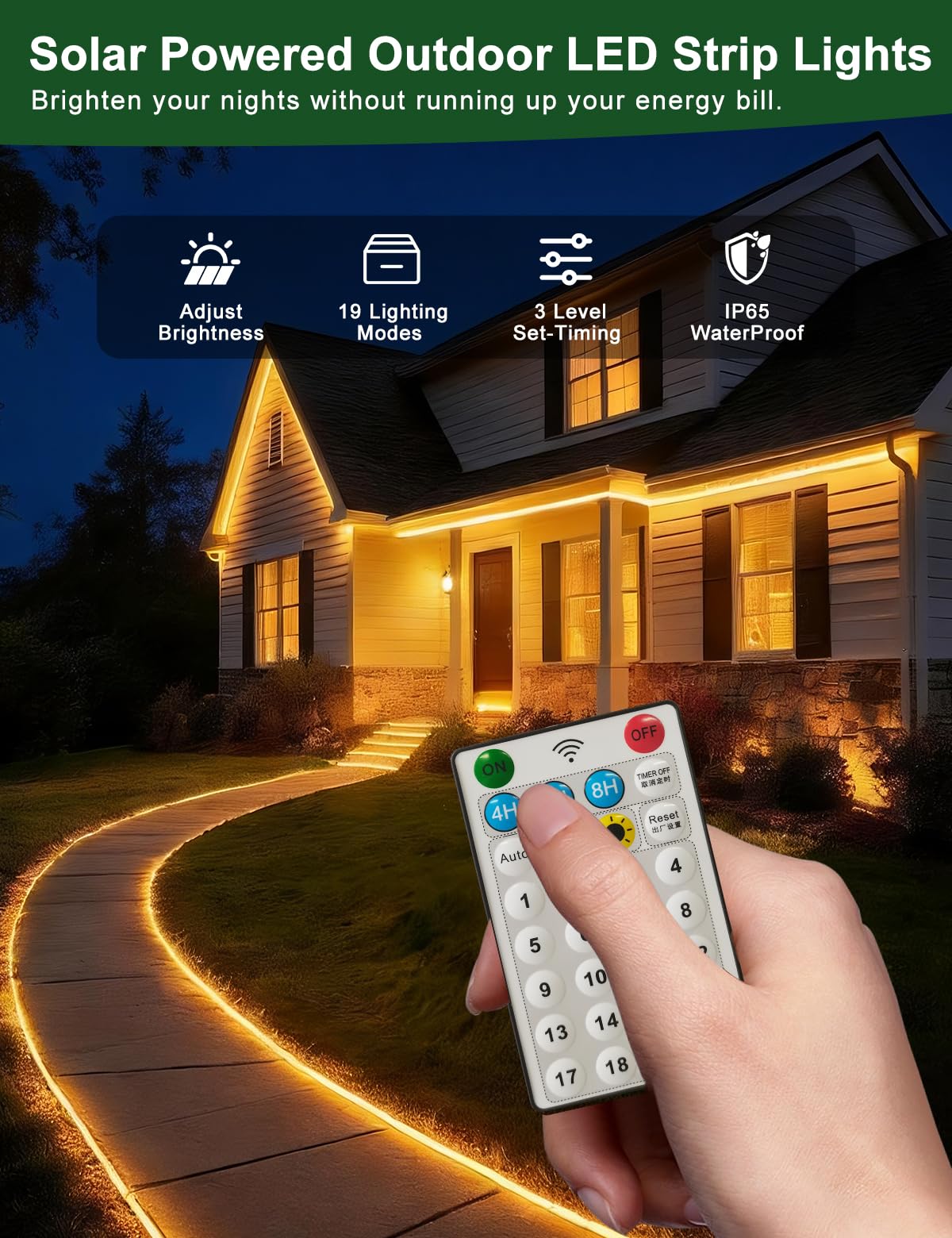Striscia LED Solare Esterna COB 20m 252LED/M, Bianco Caldo IP65,19 modalità di illuminazione, regolabile, ricarica solare, per patio, giardino, balcone, gazebo, vialetto, grondaia, recinzione