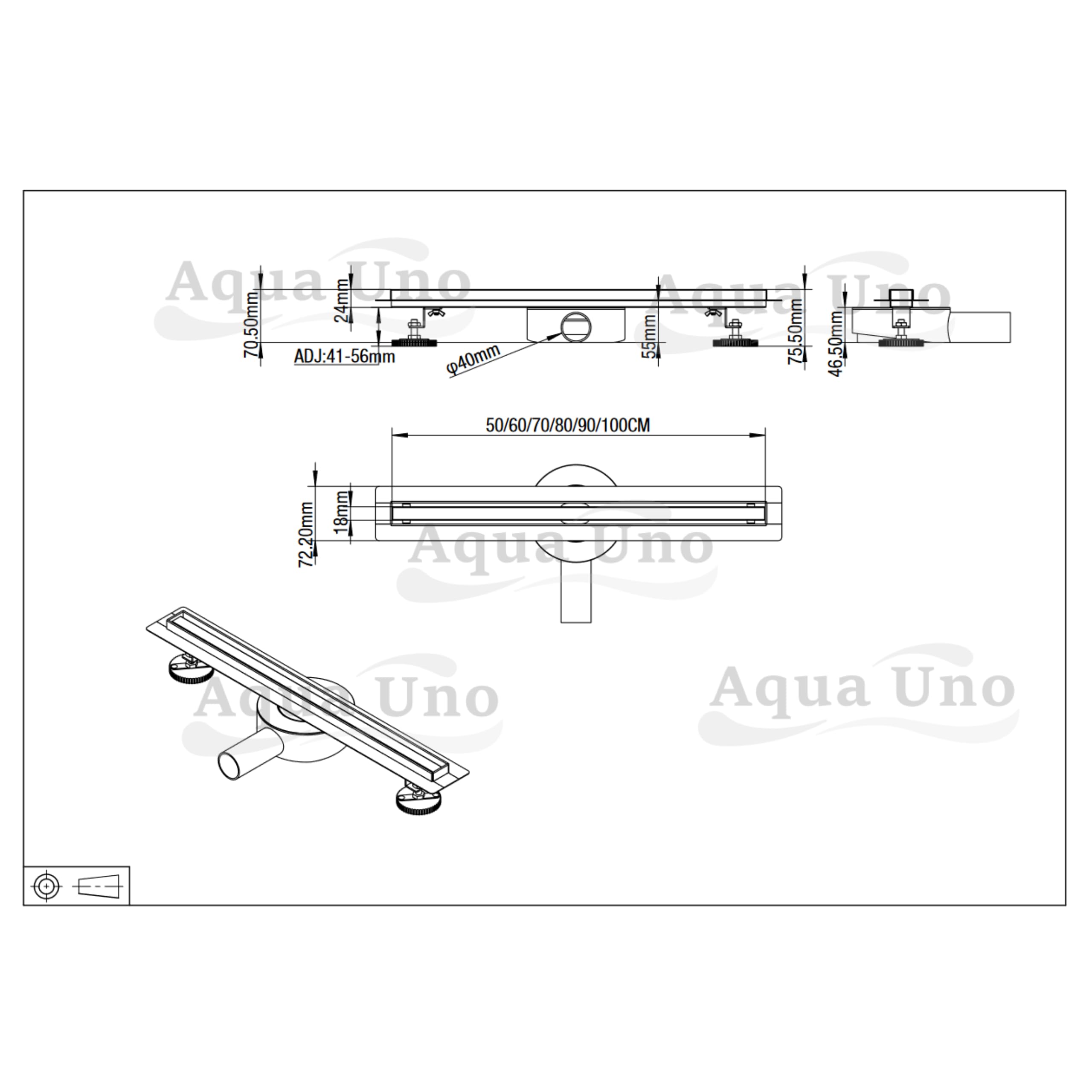 AQUAUNO - Canaleta de ducha de acero inoxidable (90 cm, extra estrecha, alta capacidad de drenaje (49 l/min), con sifón giratorio de 360°, superplano (57 mm), juego completo para duchas en el baño