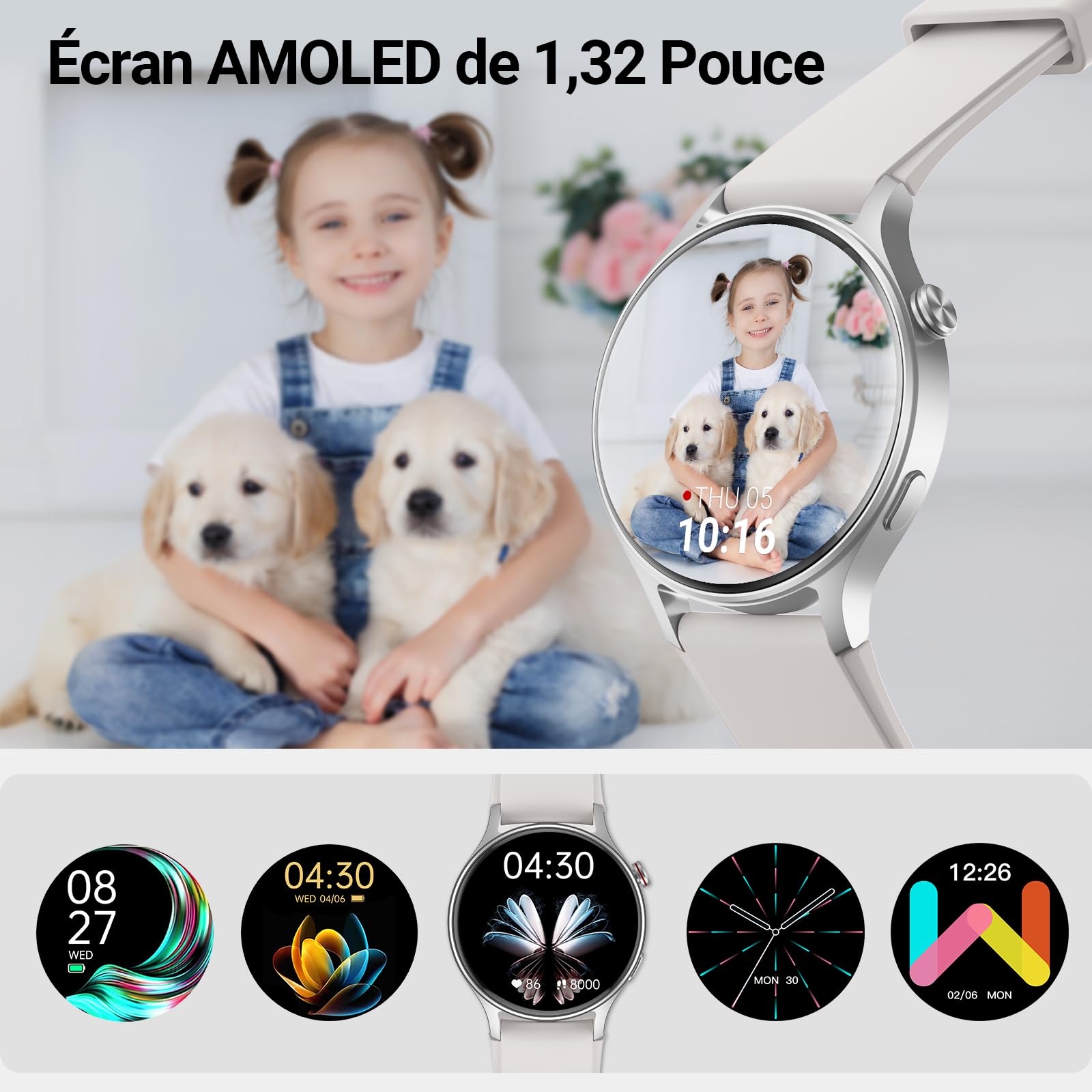 Montre Connectée Femme Homme avec Appel Bluetooth 5.3-1,32" Smartwatch AMOLED pour Android iOS, Montre de Sport Podometre avec 110+ Sports & 3ATM Bracelet Fitness avec Moniteur Sommeil/ SpO2 -Gris