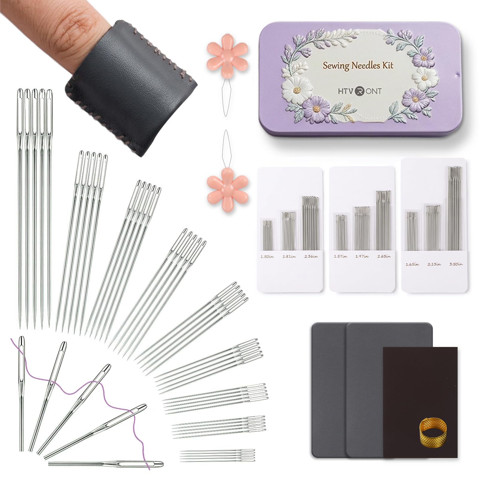 HTVRONT Large Eye Sewing Needles, 56 PCS Stainless Steel Needles for Hand Sewing 9 Size, Embroidery Needles with Needle Threaders, Thimble for Crafts, Repair, Quilting (Sliver 56PCS)