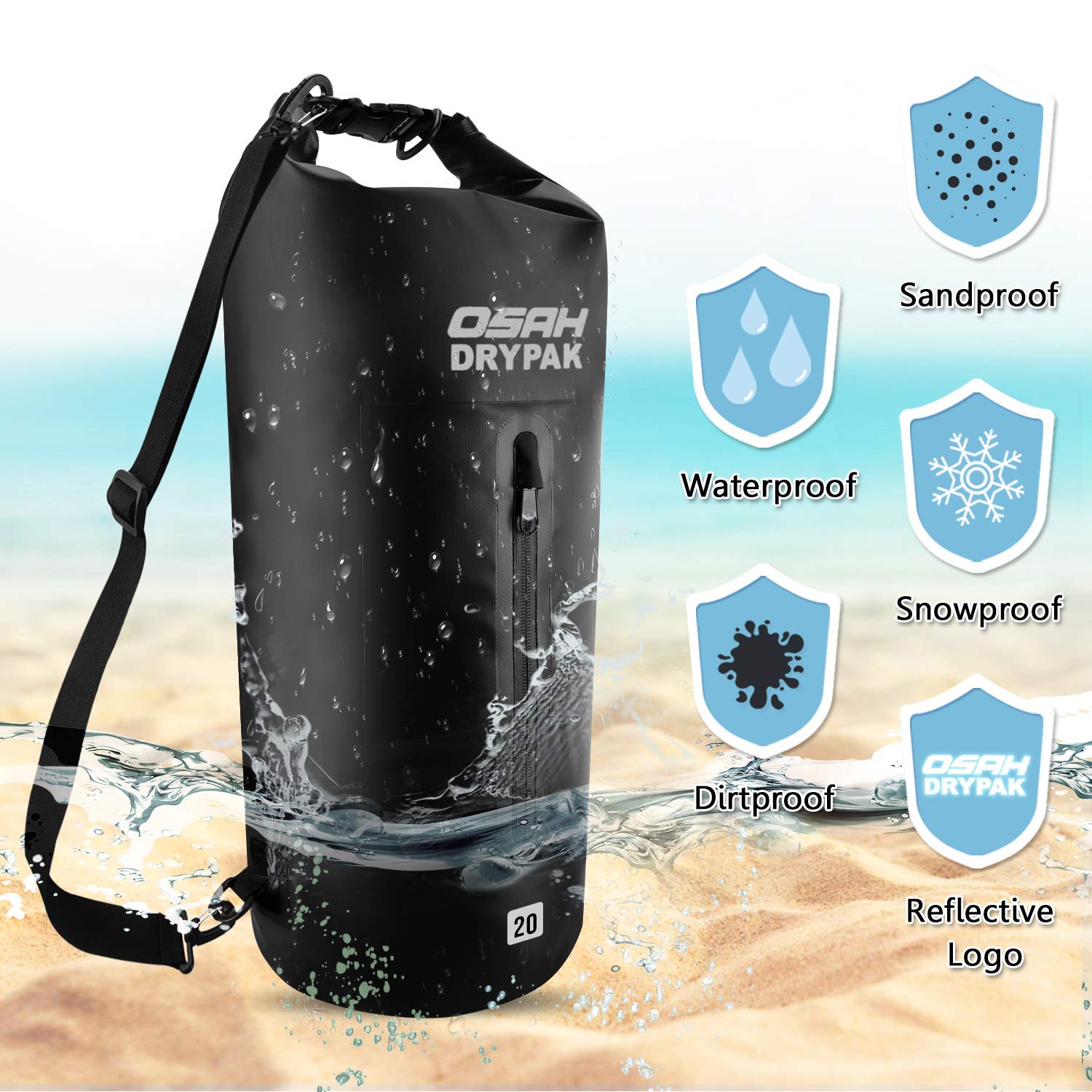 OSAH DRYPAK Borse Impermeabile Sacca Dry Bag 5L 10L 15L 20L 30L con Tracolla Regolabile per Spiaggia Sport d'Acqua Trekking Kayak Canoa Pesca Rafting Nuoto Campeggio