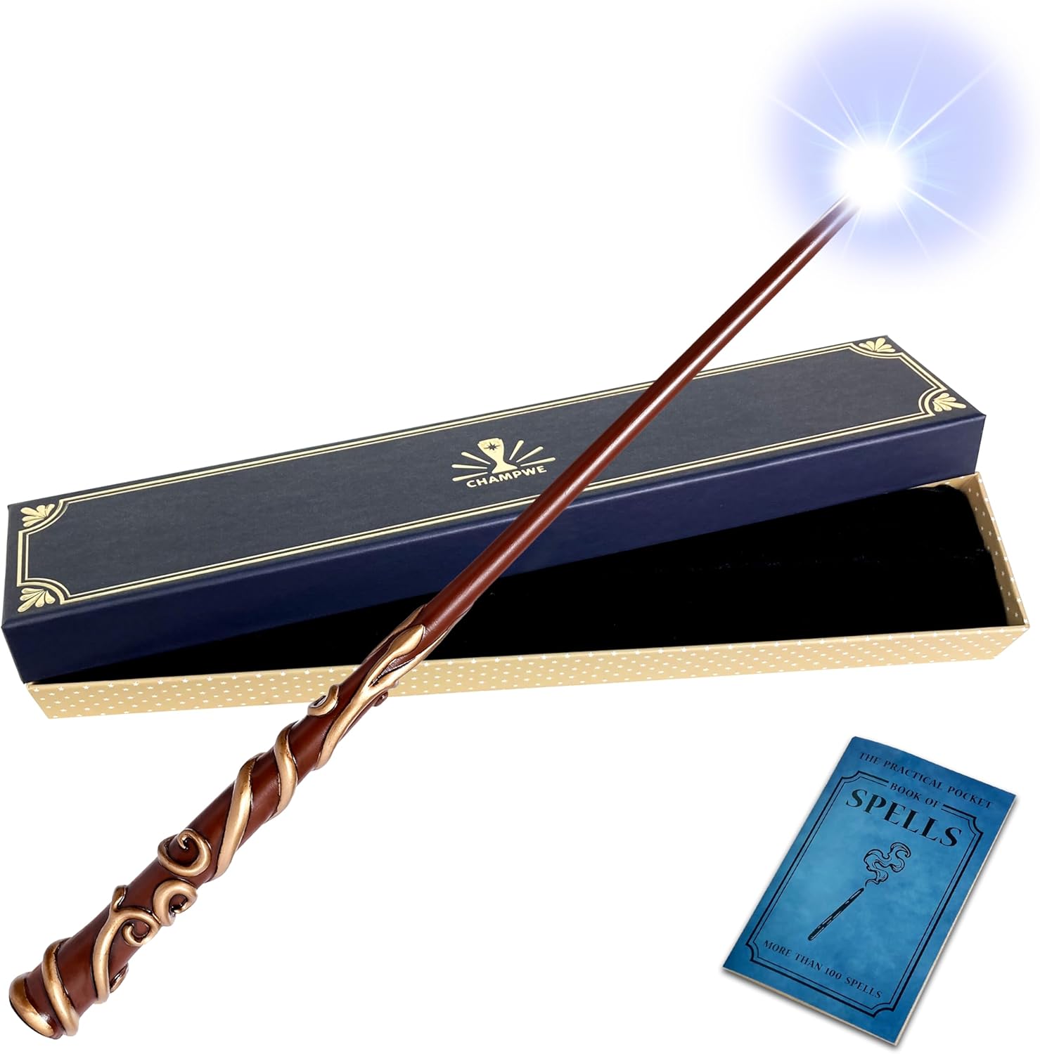 ChampWe Light Up Magic Wizard Wand Rechargeable Illuminating Toy for Kids Witch Collection Cosplay Accessories with Spellbook and Gift Box (Ivy)