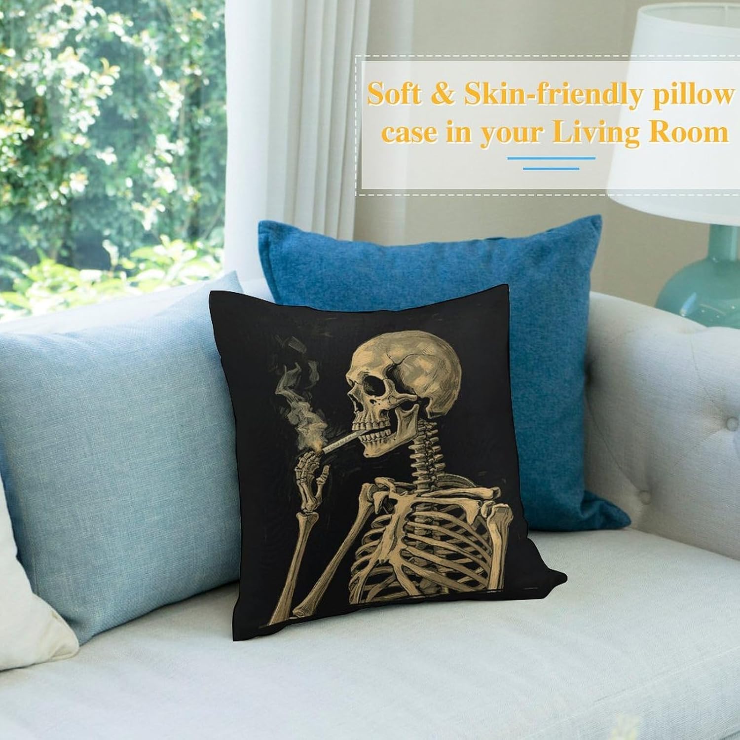 A Skeleton with Burning Cigarette Pillow Cover Plush Pillowcase Cute Pillowcase Double-Sided Printed Soft Cushion Case Square Throw Pillow Cover for Home Sofa Bed Decor image 5