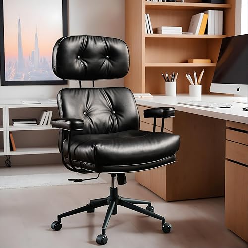 Silla de oficina ejecutiva de respaldo alto con cómodo asiento profundo, silla de oficina moderna de piel sintética negra, silla de escritorio