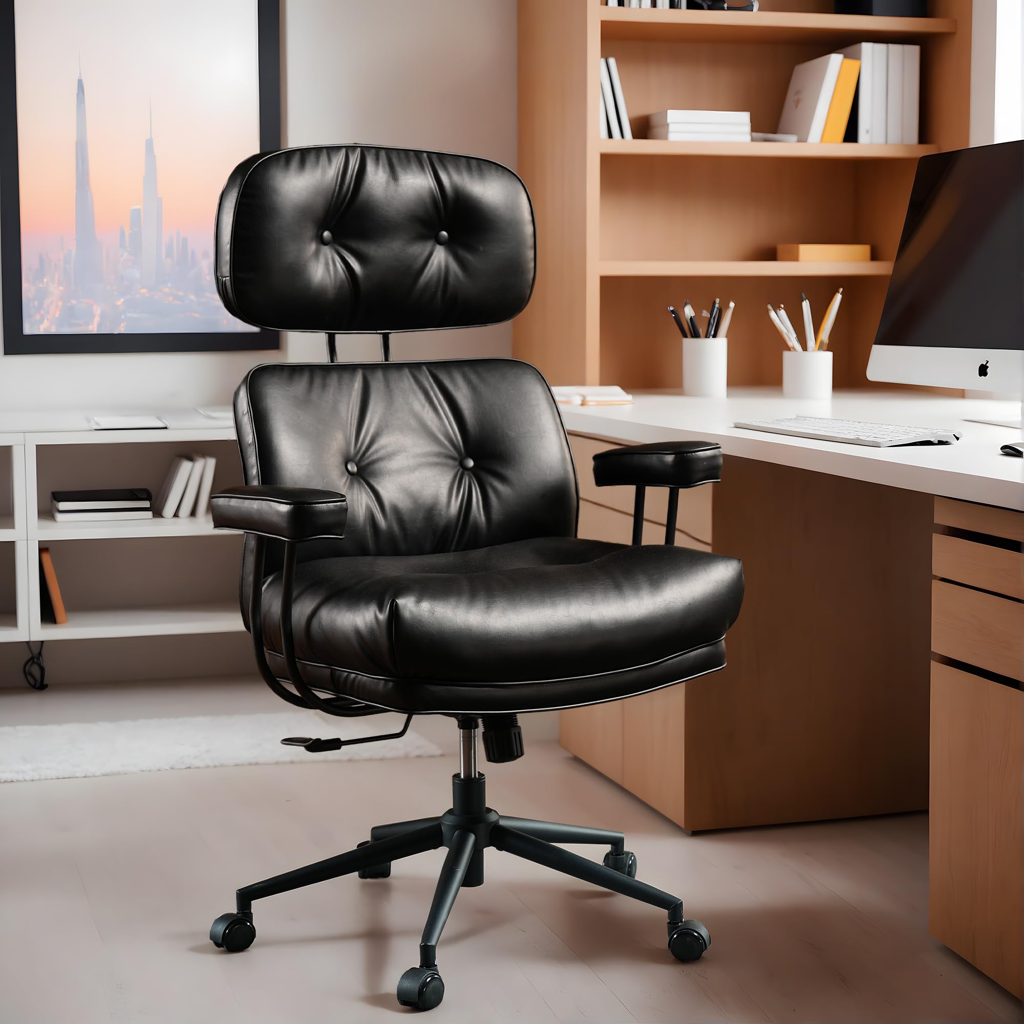 High Back Executive Office Chair with Comfortable Deep Seat,Black PU Leather Modern Office Chair,Ergonomic Big and Tall Computer Desk Chair with