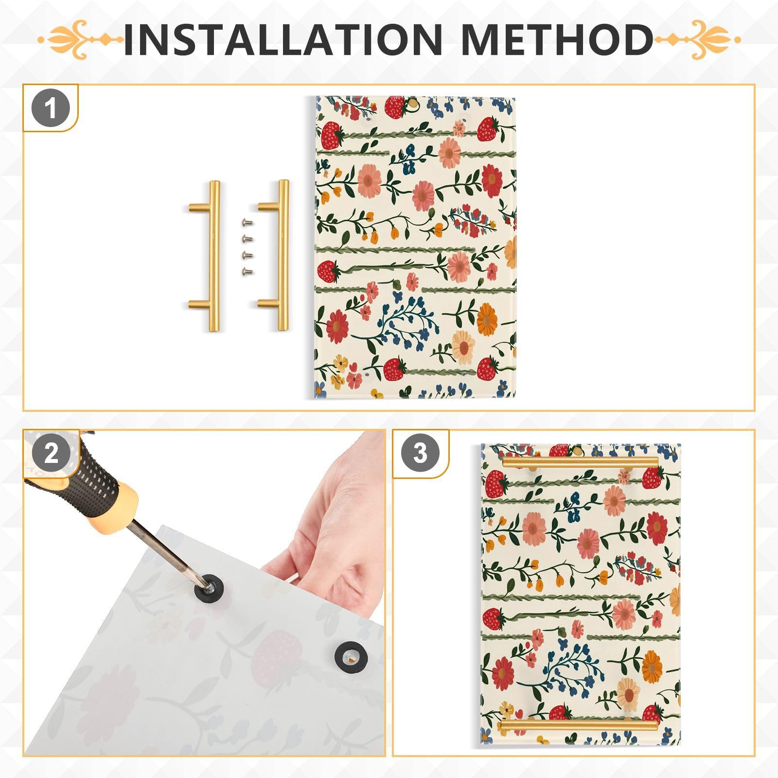 GUIJI Strawberry & Flower Vine Acrylic Tray, Perfume Cosmetic Jewelry Decorative Trays Bathtub Organizer, Living Room Kitchen Serving Tray with Gold Handles