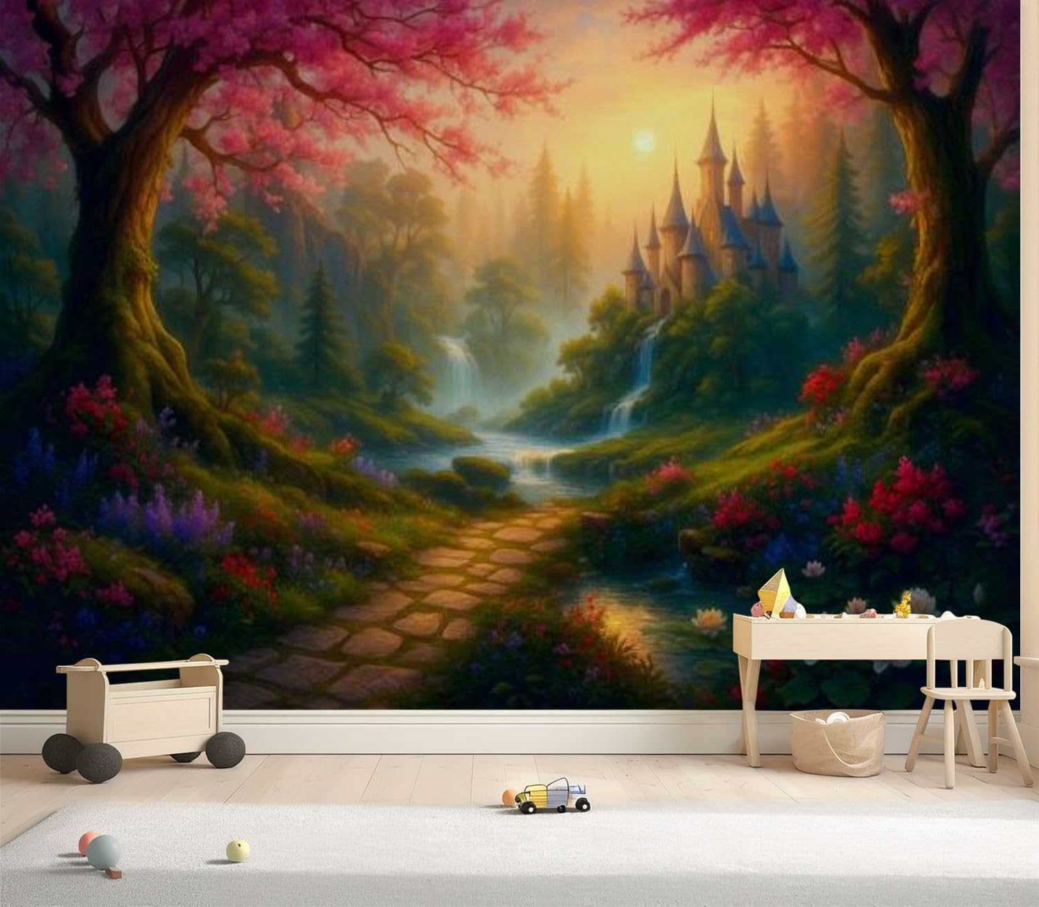 Wall Mural Fantasy Castle Landscape Cherry Blossom Trees Flowing Waterfall Peel & Stick Wallpaper Removable Self-Adhesive Large Wall Sticker Wall Decor for Bedroom Living Room Nursery 69"x96"