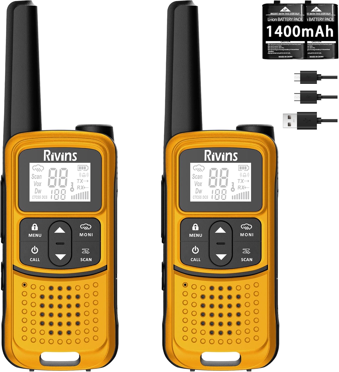 Radios Walkie Talkies Long Range: Rivins F22 Rechargeable Walkie Talkies for Adults, NOAA, 1400mAh Battery USB-C Cable, Flashlight, VOX, FRS Walkie Talkie for Hiking Hunting, Camping, 2 Pack, Orange
