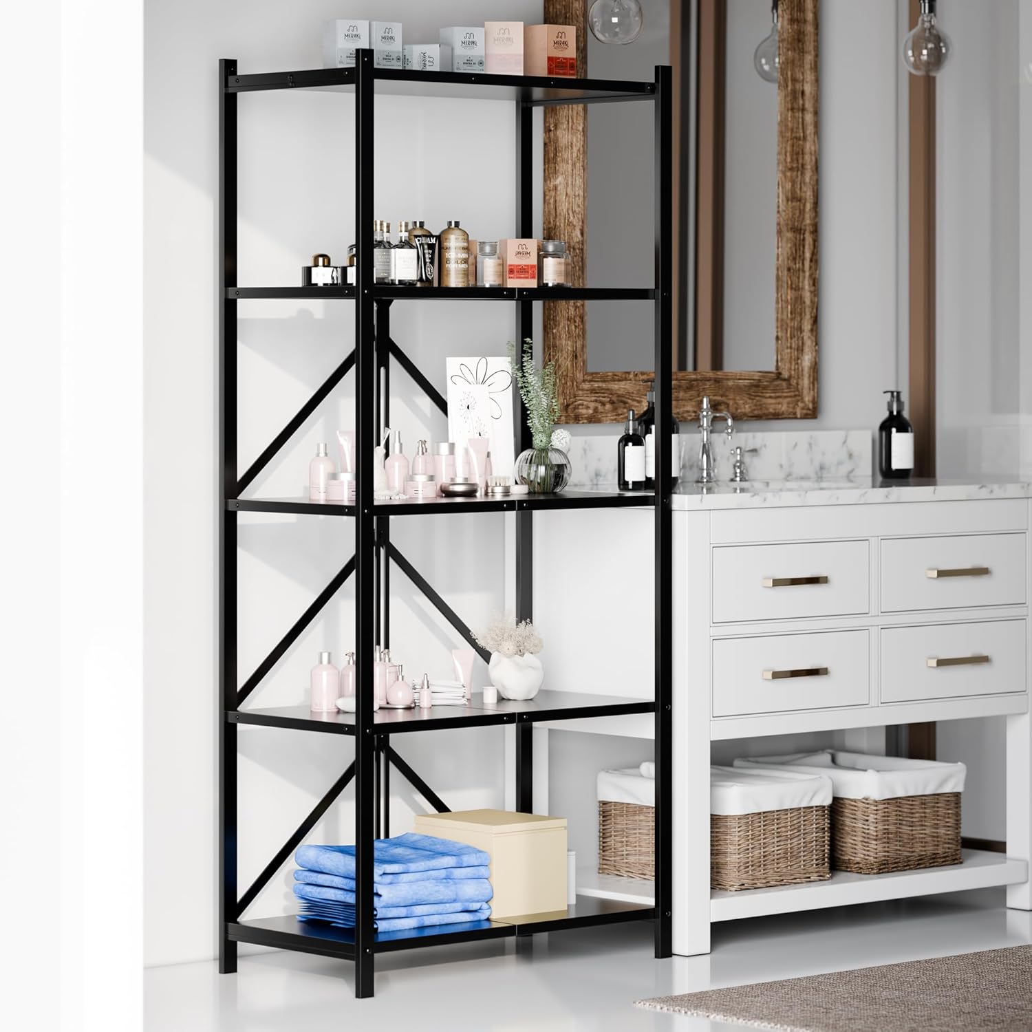 Storage Shelves with 3/4/5-Tier Collapsible Organization Storage Rack Bookshelf Folding Pantry Shelves Cube Shelf Wire Shelving Holds 440 Ibs for Garage Kitchen Room, Black (5-Tier)
