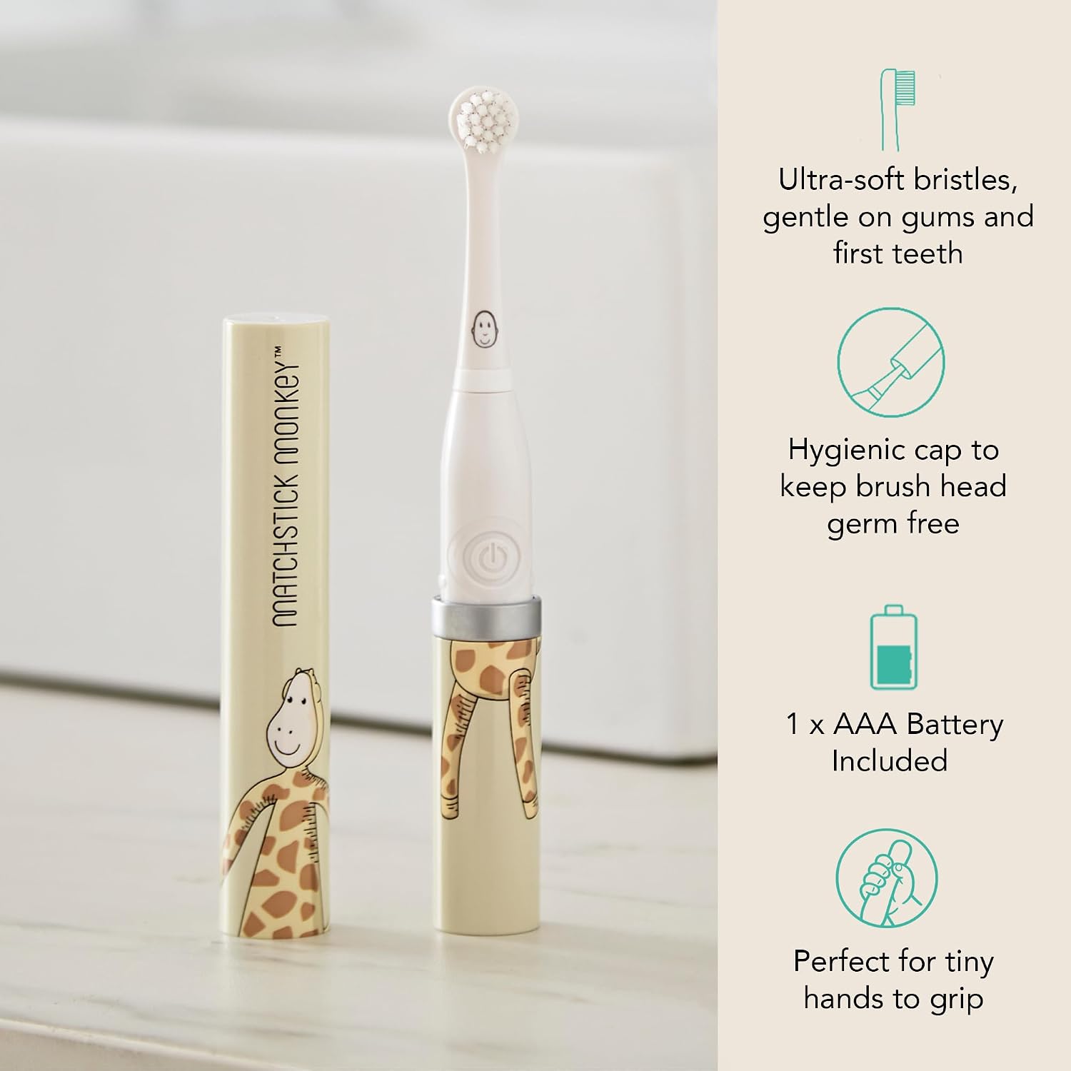 Matchstick Monkey Baby Electric Sonic Toothbrush – Protection, Ultra-Soft Bristles, Easy-Grip Handle, Fun Animal Designs, Battery-Powered, Suitable from 3 Months, Gigi Giraffe