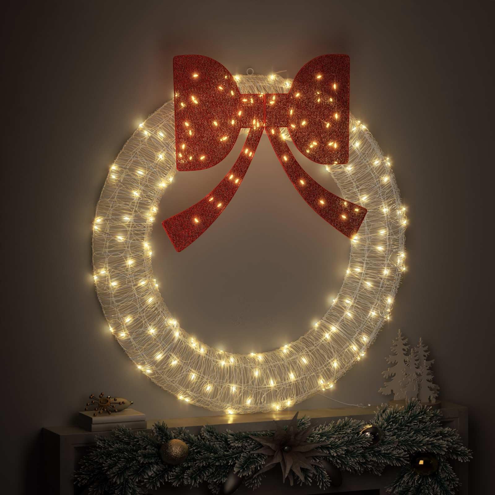 Couronne de Noël en acrylique avec 150 LED blanc chaud 120 cm, bande LED, fonctionnement USB, décoration moderne pour porte, fenêtre, mur, avec nœud, fête de l'Avent