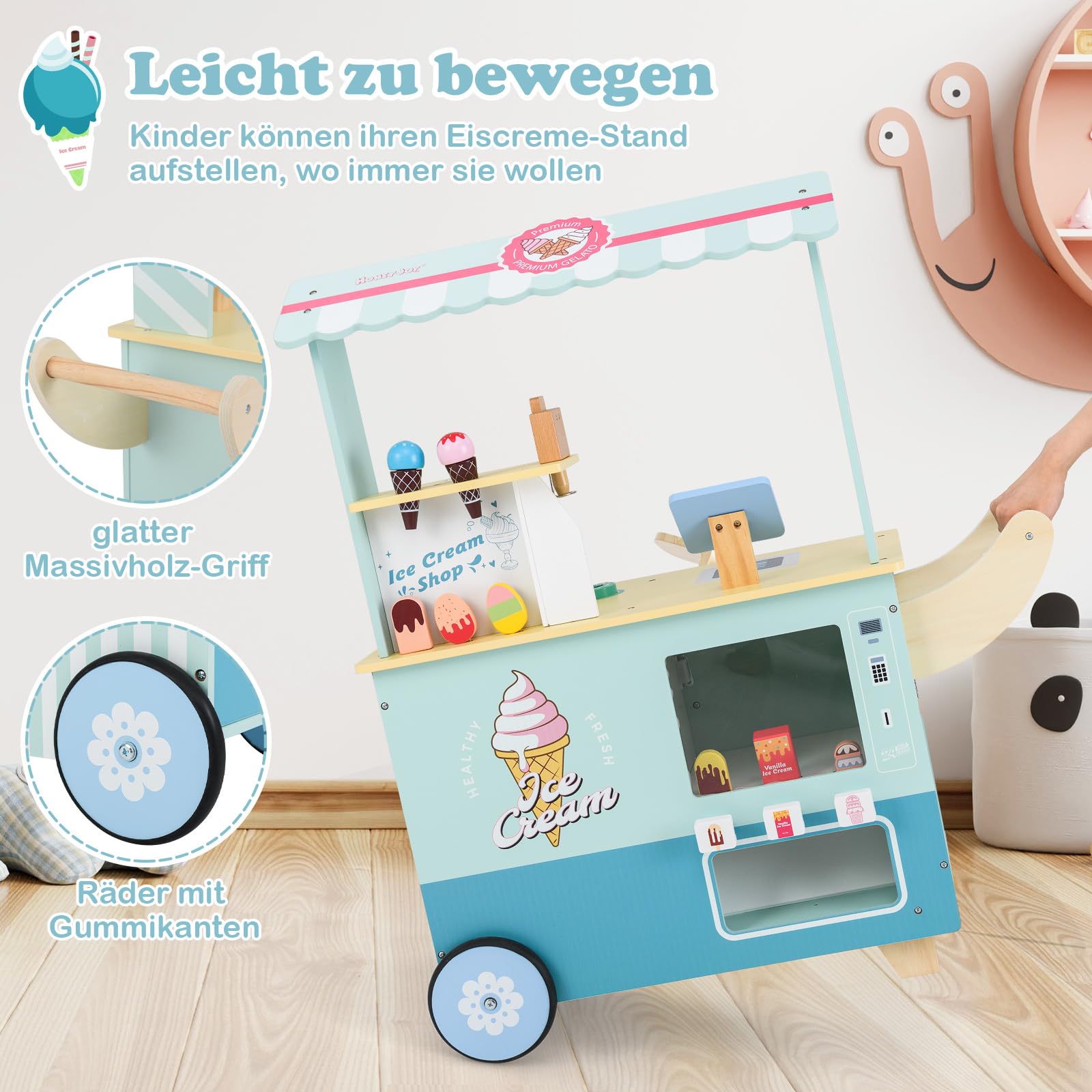 DREAMADE Kinder Eiswagen mit 15 Zubehör, Kaufladen aus Holz mit 2 Rädern & Markise, Eisstand Einkaufsladen für Kinder ab 3 Jahren (Cyan)