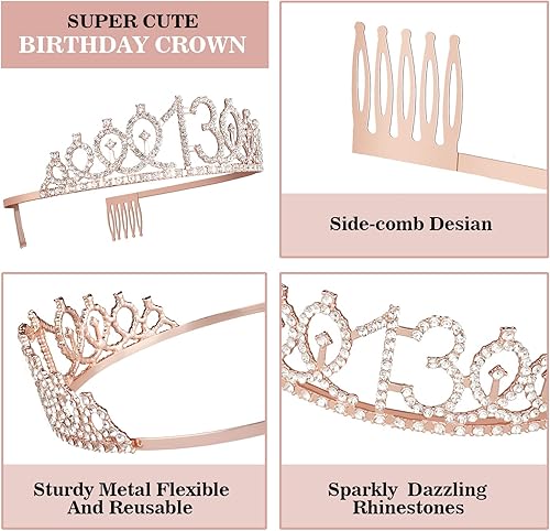 Vista 3 de 13th Birthday Decorations for Girls, Including 13th Birthday Crown/Tiara, Official Teenager Sash and Cake Topper, Number Candles, 13 Year Old Girl