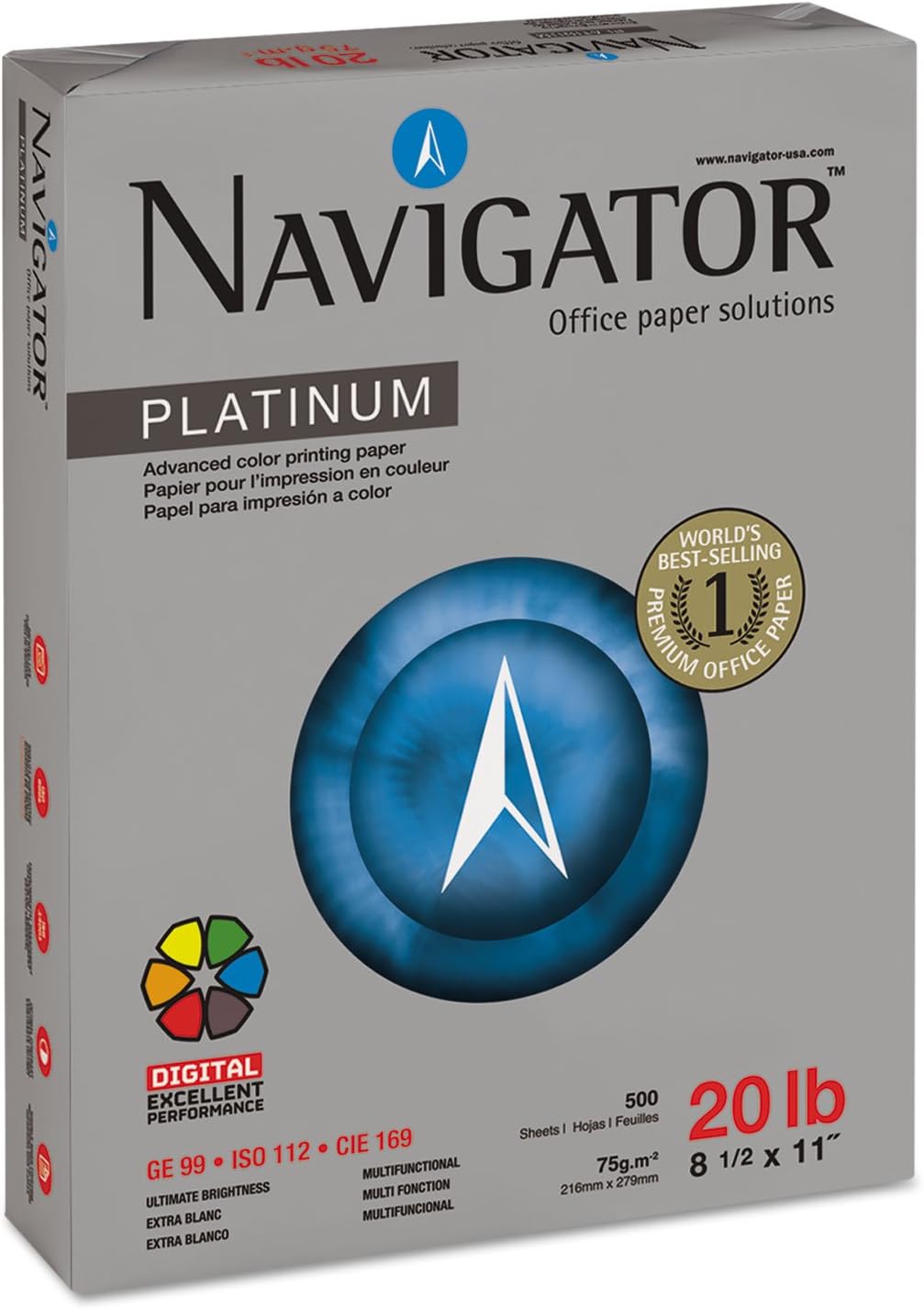 Navigator NPL1120 Platinum Paper, 99 Brightness, 20lb, 8-1/2 x 11, White (Case of 5000 Sheets)