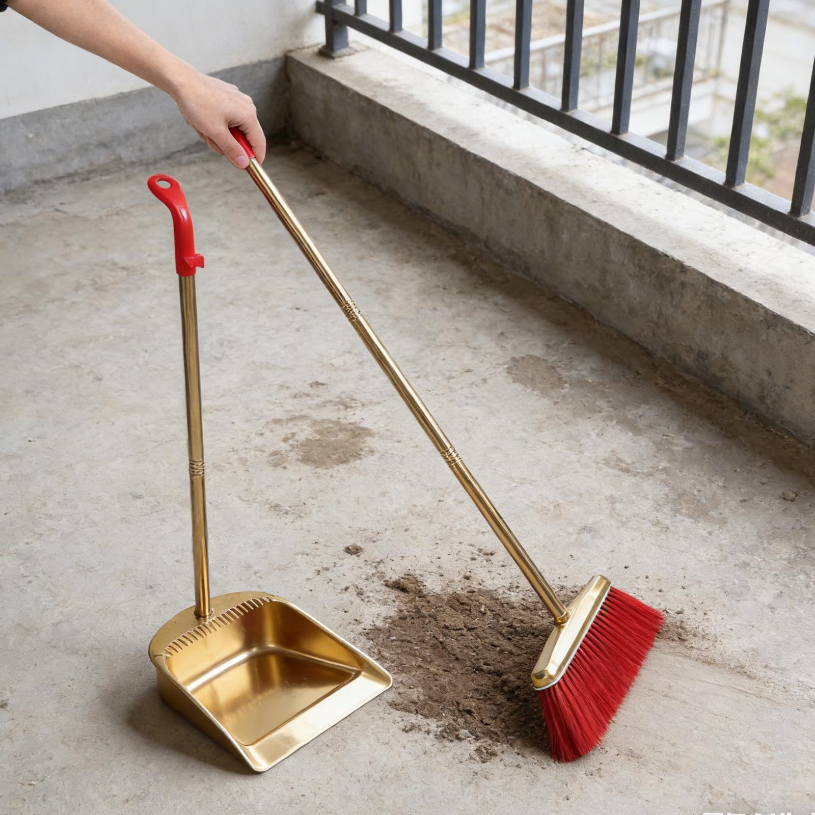 Scopa con Paletta Set Combinato in Acciaio Inox Oro, Manico lungo Elegante