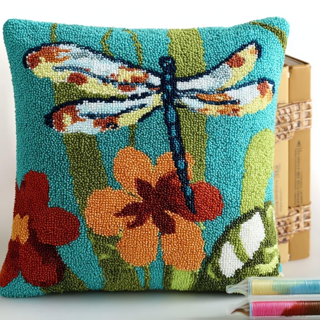 Taxpy DIY Latch Hook Pillow Kit Pre-Printed Hook and Latch Rug Kits Dragonfly 17X17 Inch.Cross-Stitch Embroidery Cushion Cover for Home Sofa Decoration