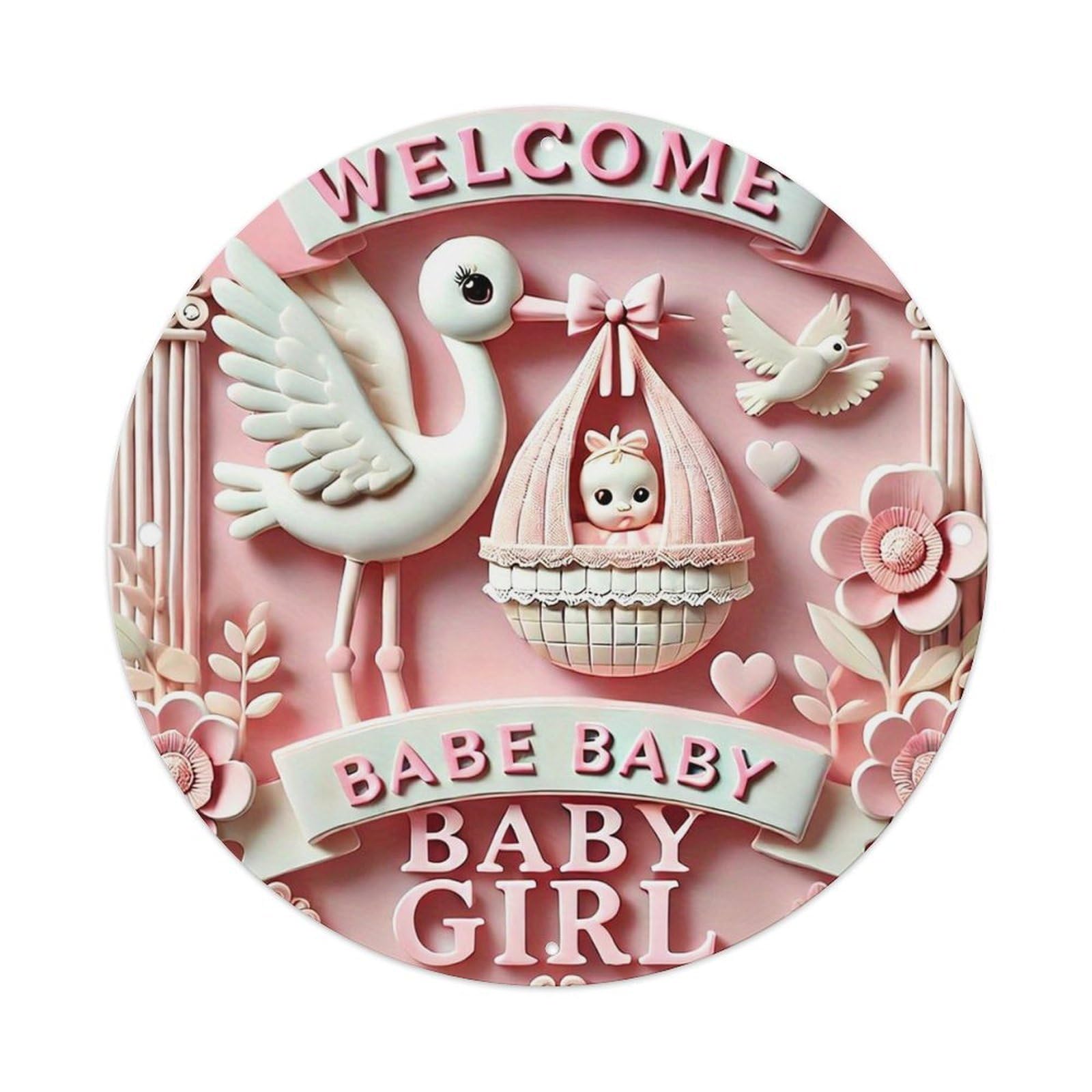 Welcome Baby Girl Stork Flower Vintage Round Tin Sign Retro Metal Wall Decor Metal Poster, Home Bar Garage Cafe Wall Art Decoration 8x8Inches