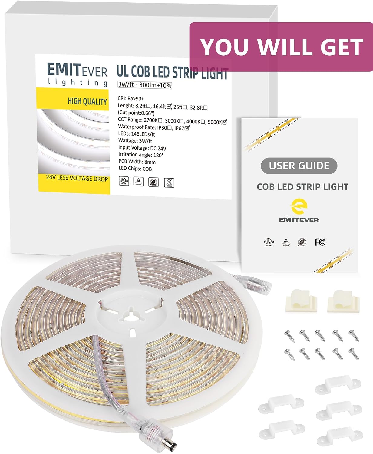 EMITEVER COB LED Strip Lights Waterproof IP67, 5000K White Outdoor 24V Dimmable Silicone LED Tape Lighting 16.4ft High Density, 300+LM/ft, 2400LEDs,3W/ft, UL Listed (Power Supply Not Included)