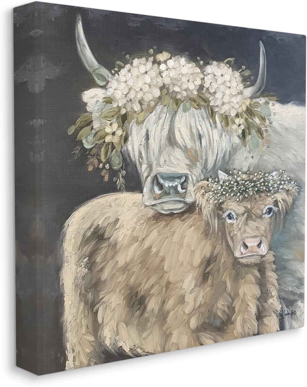 Stupell Industries Highland Cattle Hydrangea Flower Garlands Canvas Wall Art, Design by Sara G. Designs