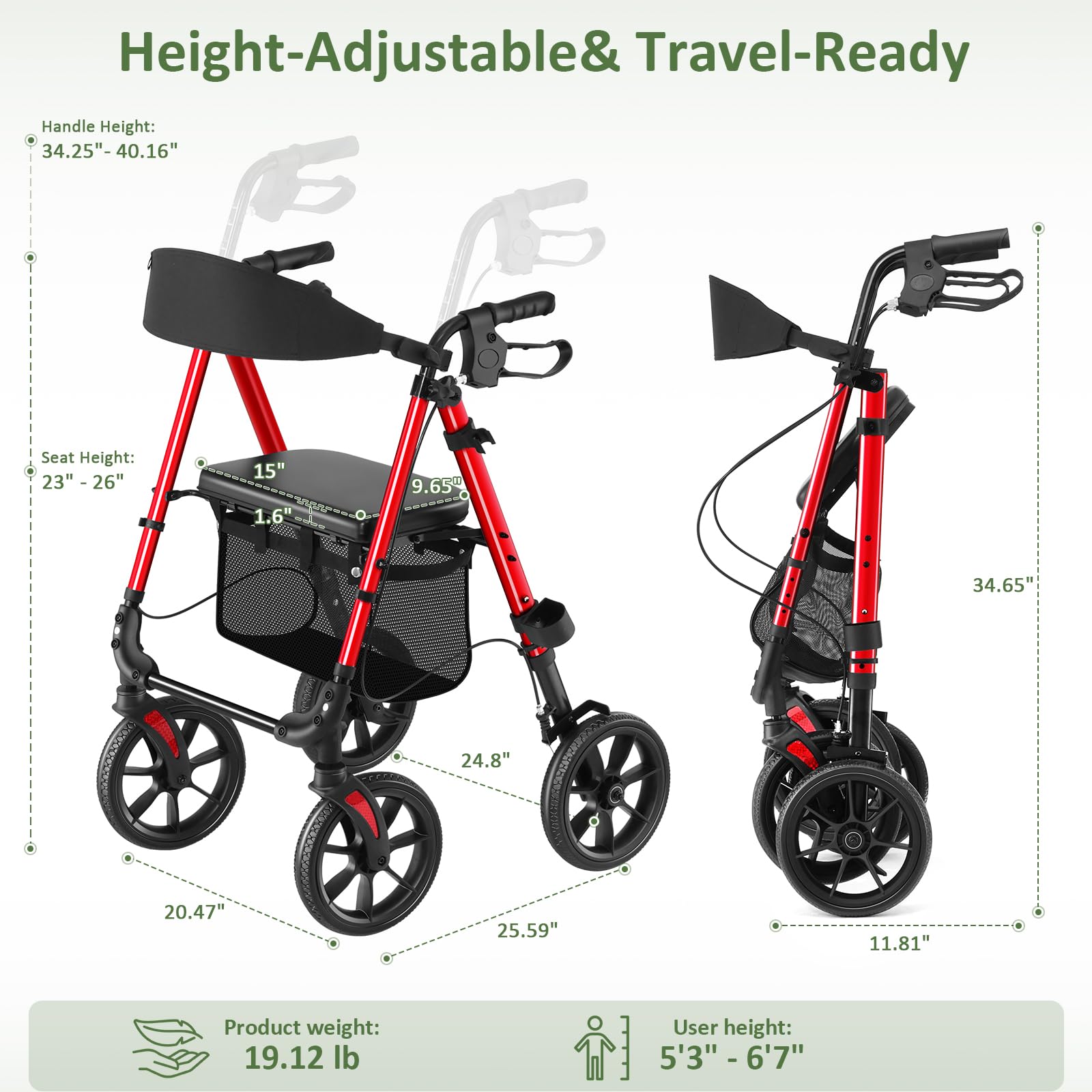 WALK MATE Andador plegable y ligero con asiento, soporta hasta 175 kg, andador para la vivienda interior y exterior con ruedas antideslizantes, altura regulable de aluminio, incluye bolsa y soporte