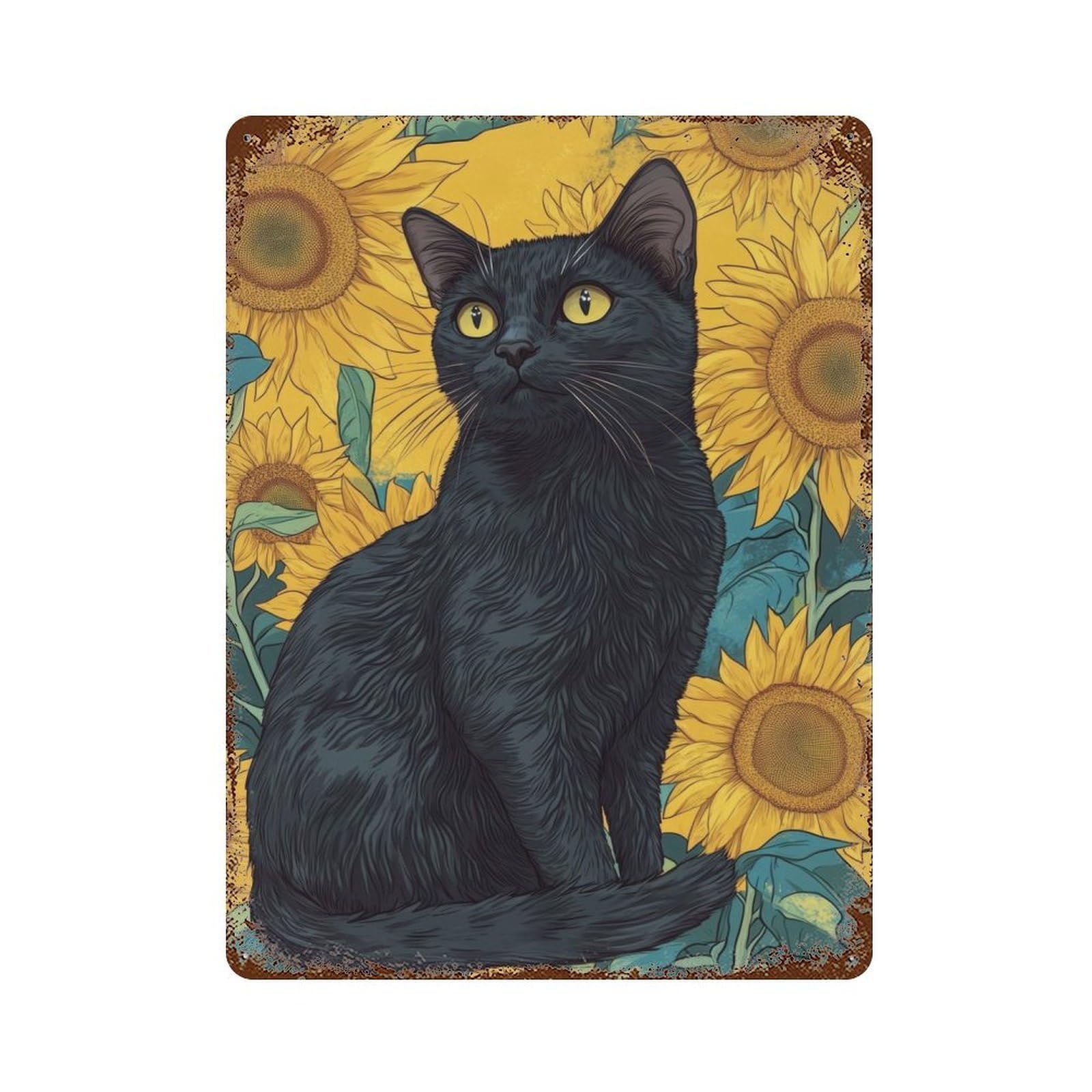Black Cat And Sunflowers Vintage Wall Sign 15.7"x11.8", Rust Effect Metal Decor for Cafe, Home Bar And Lounge Decor
