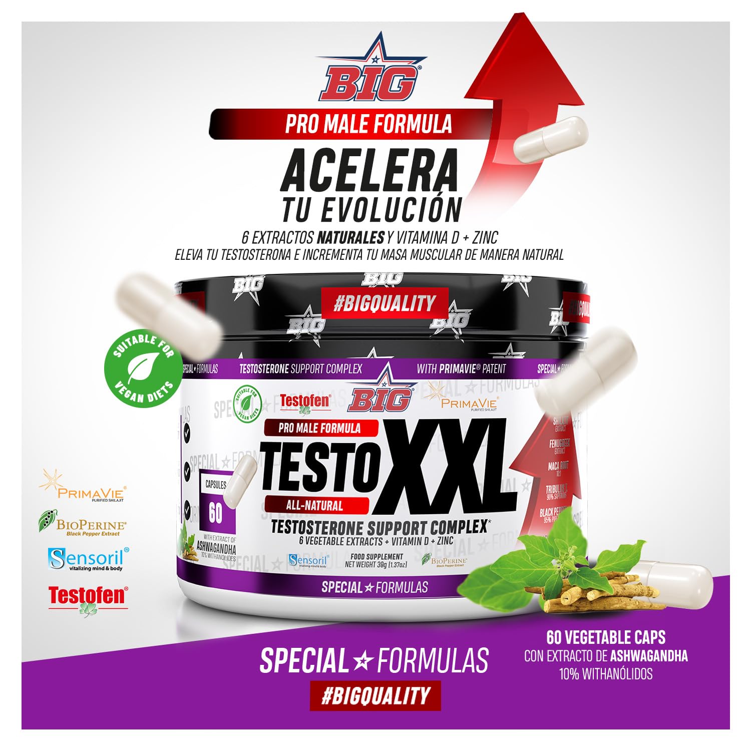 BIG Testosterona Hombre 60 Cápsulas Precursor Natural para Aumento de Masa Muscular, Energía y Rendimiento Físico