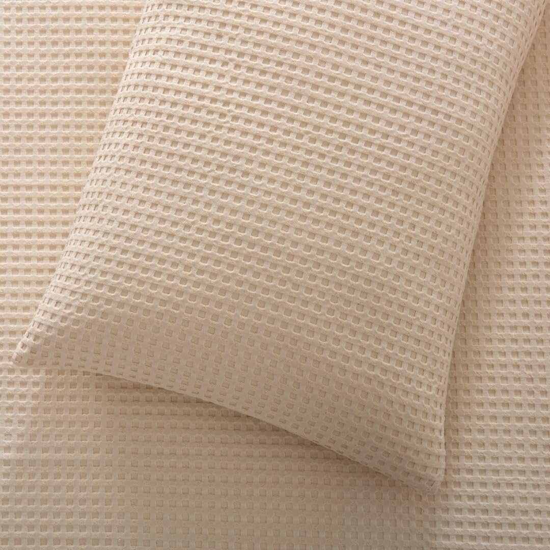 Colcha Beige para Camas 180/200 - 280 x 260 cm - Elegante patrón de Waffle - 100% Algodón Prelavado