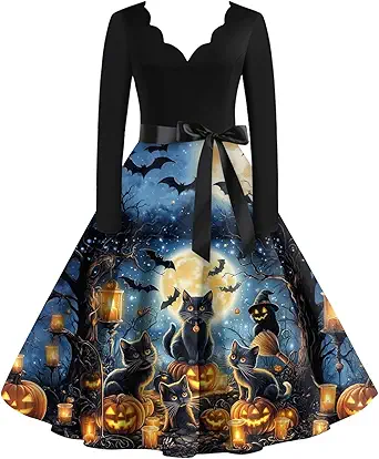 OIOLOYJM Sexy Plus Size Halloween Costumes Woman 2025 Long Sleeve V Neck Printed Gothic Retro Formal Party Dresses for Women