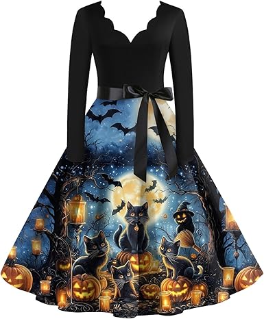 OIOLOYJM Sexy Plus Size Halloween Costumes Woman 2025 Long Sleeve V Neck Printed Gothic Retro Formal Party Dresses for Women