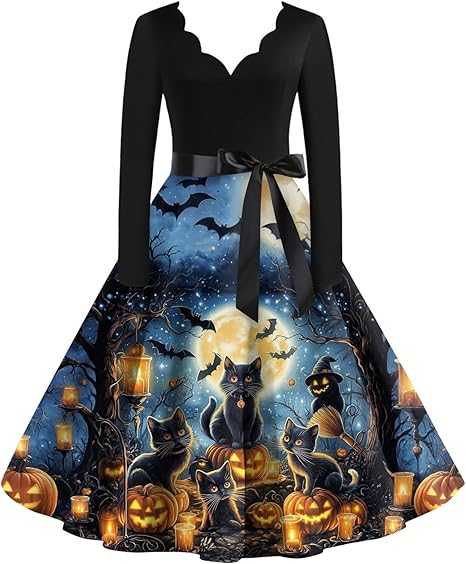 OIOLOYJM Sexy Plus Size Halloween Costumes Woman 2025 Long Sleeve V Neck Printed Gothic Retro Formal Party Dresses for Women